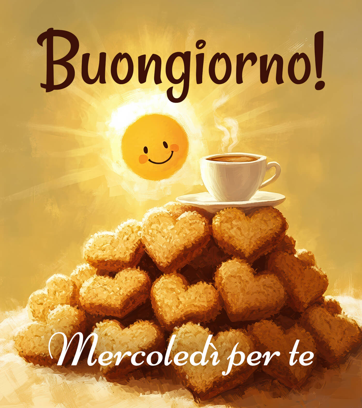 Buongiorno caldo con biscotti e sole Un raggio di buonumore e una pausa golosa per addolcire la giornata. Ti auguro un mercoledì pieno di energia e serenità, perfetto da inviare a qualcuno a cui vuoi bene.