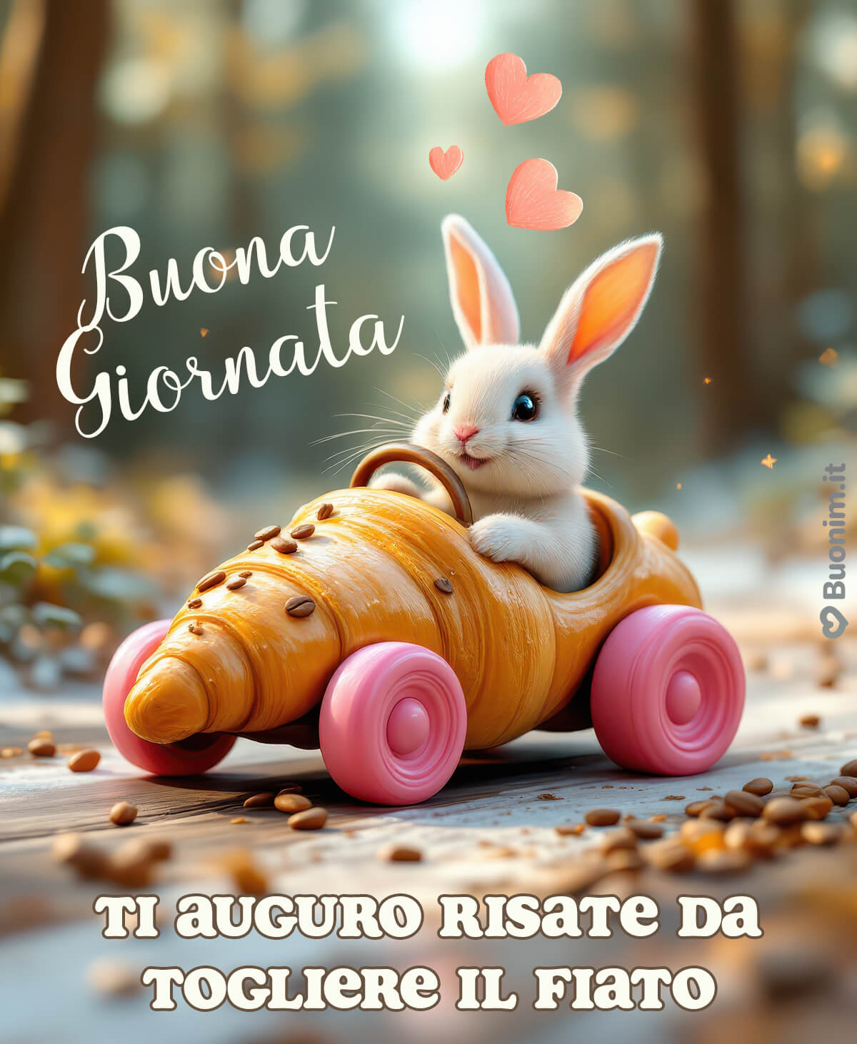 Tra cuoricini e profumo di brioche, ti arriva un sorriso leggero. Questa stupenda e nuovissima immagine per il buongiorno è perfetta su WhatsApp per augurare risate e dolcezza.