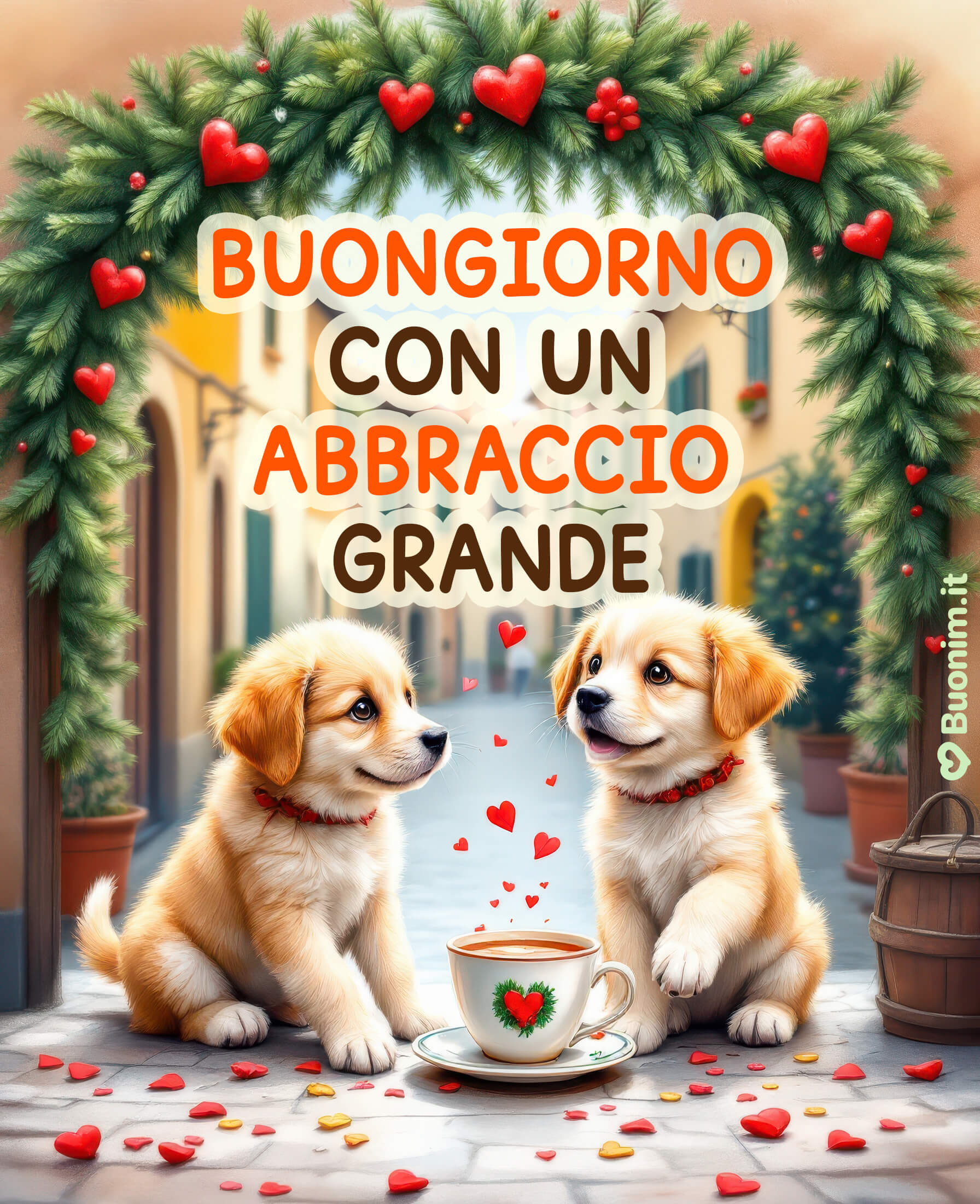 Buongiorno con un abbraccio grande e tanto affetto Ti auguro un risveglio delicato, con la dolcezza dei due cuccioli che spargono cuoricini in aria. Una mattina che abbraccia forte e regala calma, amore e un sorriso sincero. Una frase ideale per inviare un buongiorno pieno di calore alle persone speciali.
