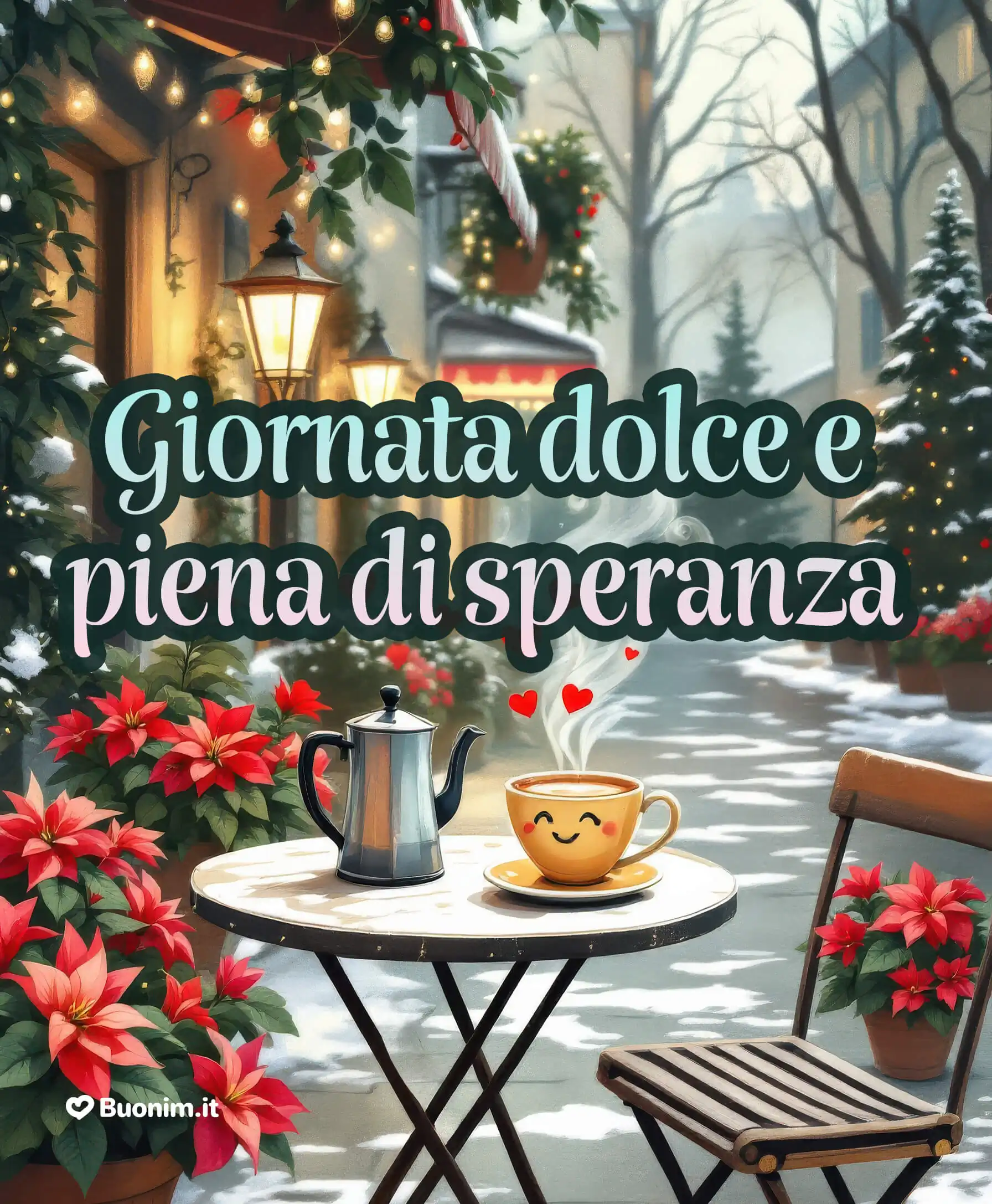 Ti auguro un mattino sereno, profumato di inverno e illuminato da piccole luci che scaldano l’anima. Una giornata che porta pace, fiducia e un soffio di tenerezza. Un messaggio perfetto da condividere per augurare una buona giornata a chi vuoi riempire di luce.