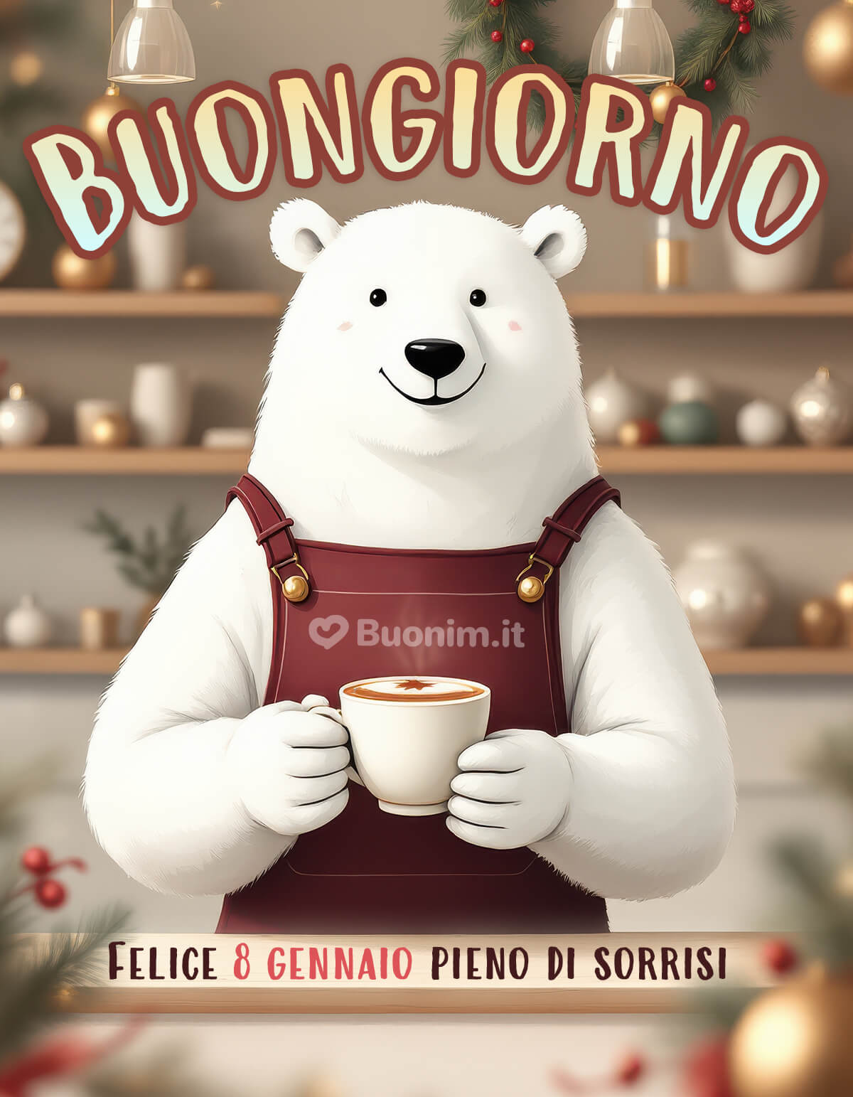 Buongiorno dall'orsetto bianco per l'8 gennaio Con questa tazza calda ti mando un abbraccione per un buon 8 gennaio, che la tua giornata scorra serena, piena di sorrisi semplici, affetto sincero e piccole coccole.