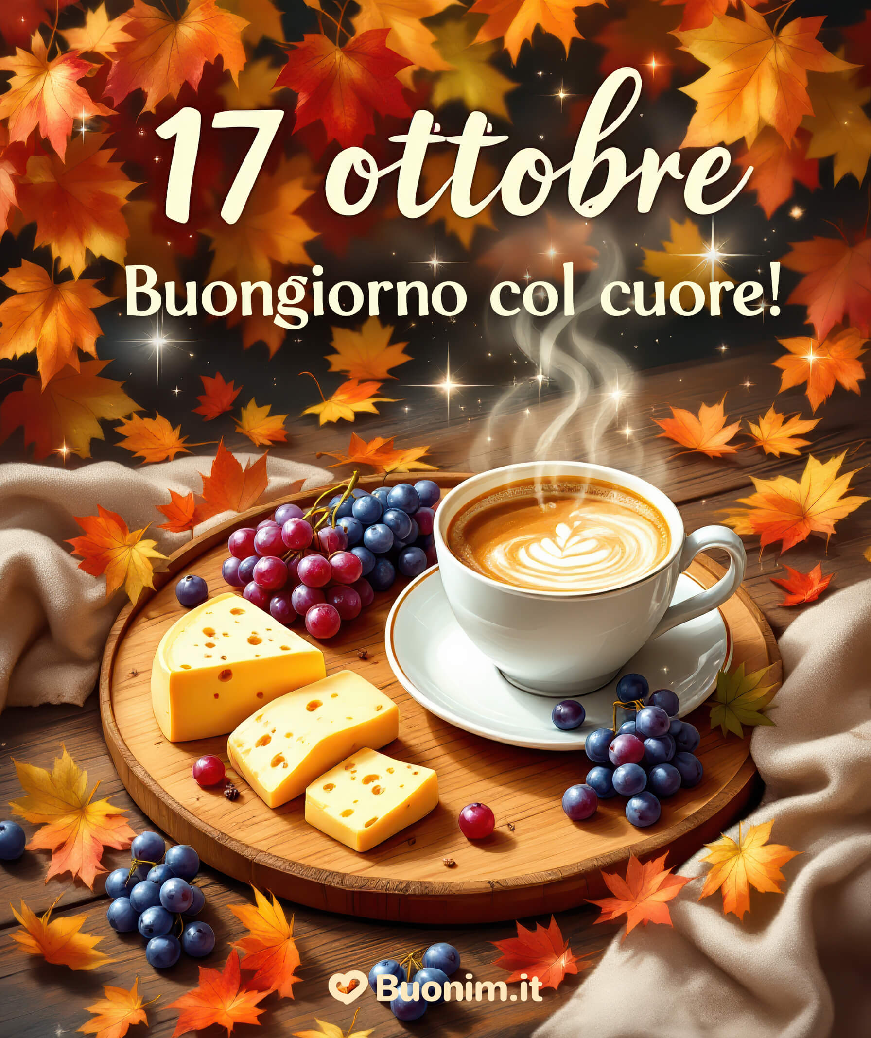 Buongiorno d’autunno del 17 ottobre pieno di calore Caffè cremoso, formaggio profumato e grappoli d’uva tra le foglie dorate riempiono l’aria di dolcezza e serenità. Inizia il 17 ottobre con il cuore leggero e condividi questa immagine per regalare un sorriso a chi vuoi bene.