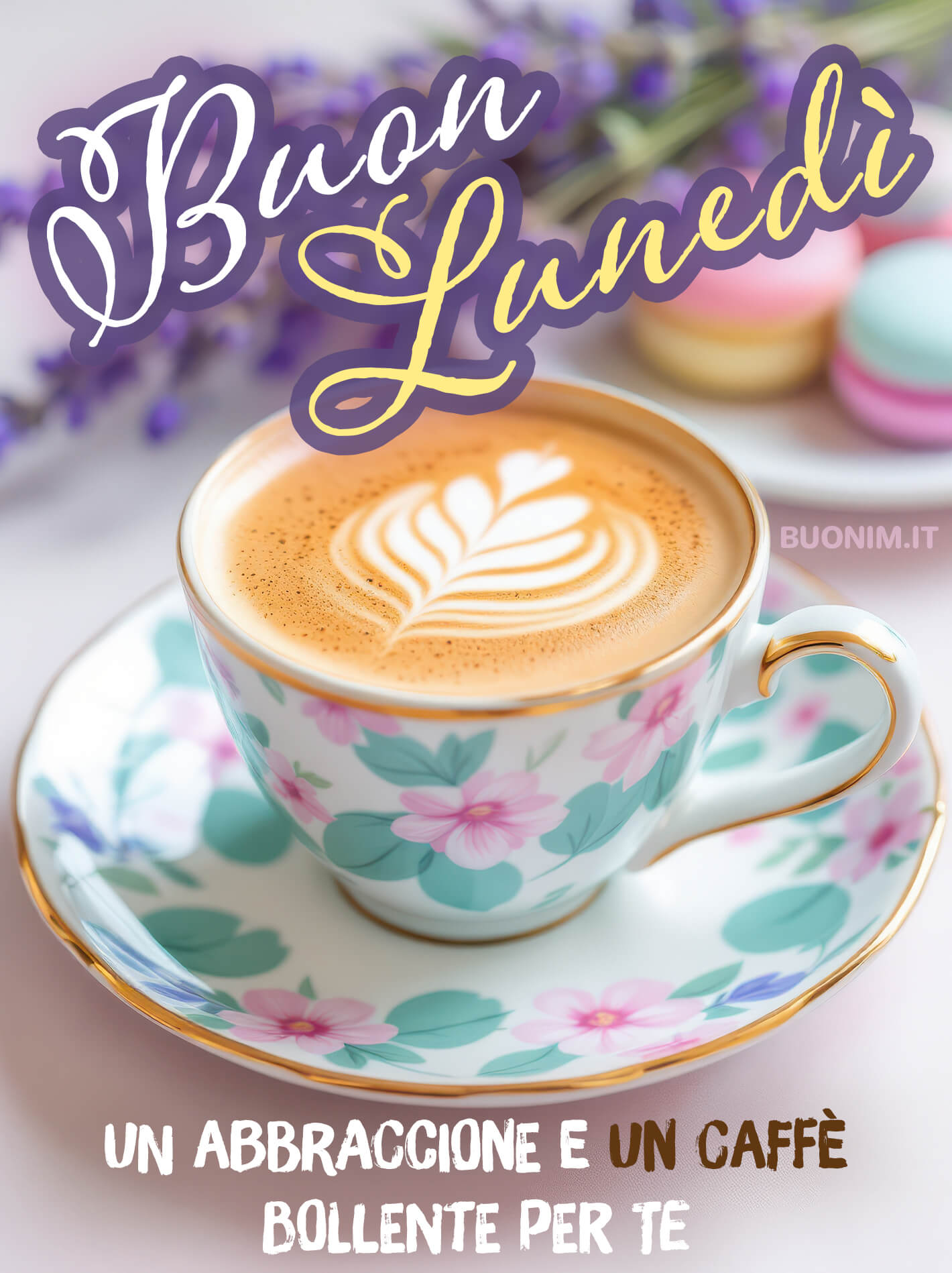 Buongiorno del Lunedì con Cappuccino Caldo e un Abbraccione Tra il profumo del cappuccino e la dolcezza dei colori, arriva un abbraccione per augurarti buon lunedì. Ideale da inviare a chi merita coccole, pace, affetto durante questo risveglio.
