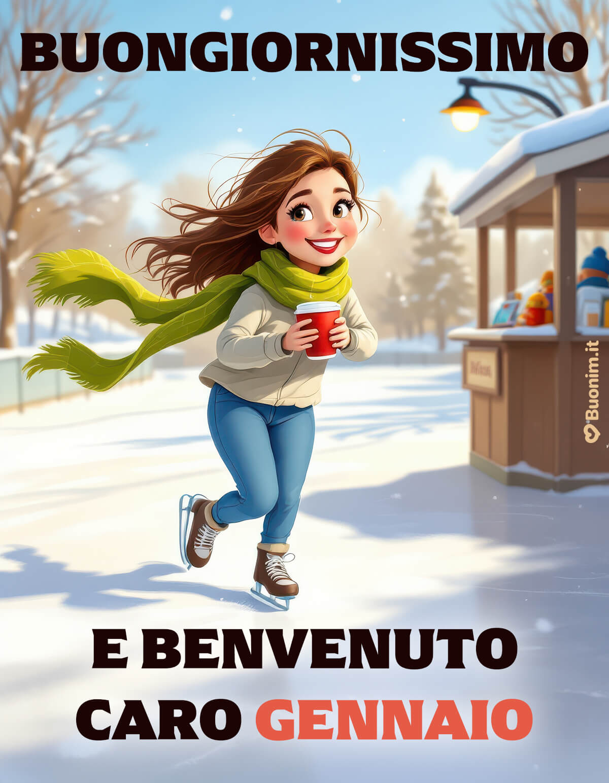 Buongiorno di gennaio con pattini e sorriso Con i pattini ai piedi e una bevanda calda tra le mani, arriva un buongiorno di gennaio pieno di energia. Ideale da condividere per regalare un sorriso e un abbraccione.