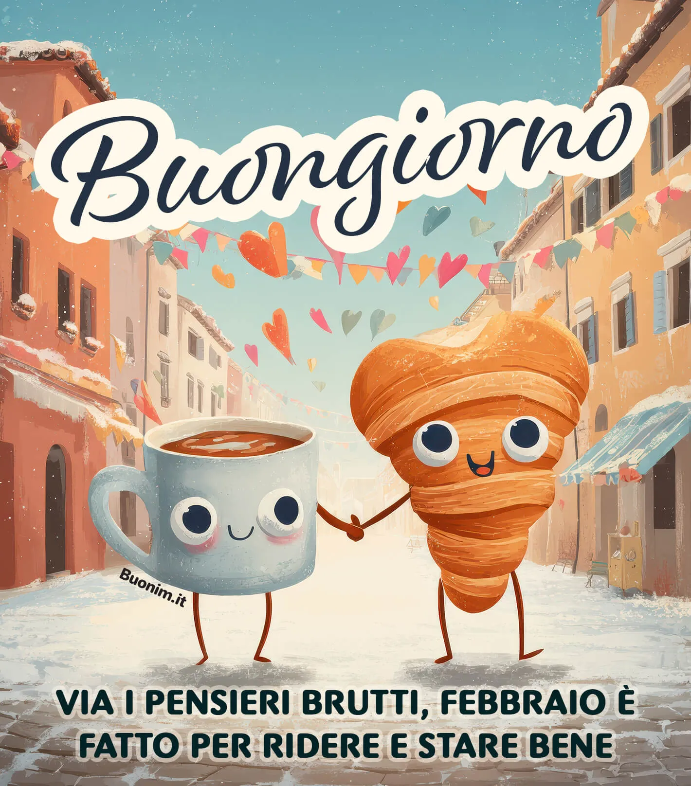 Buongiorno d’inverno con cornetto e caffè sorridente Lascia andare i pensieri brutti e prendi per mano la dolcezza. Ideale gratis per whatsapp per dire buona settimana di febbraio e regalare una felice giornata con un sorriso semplice.