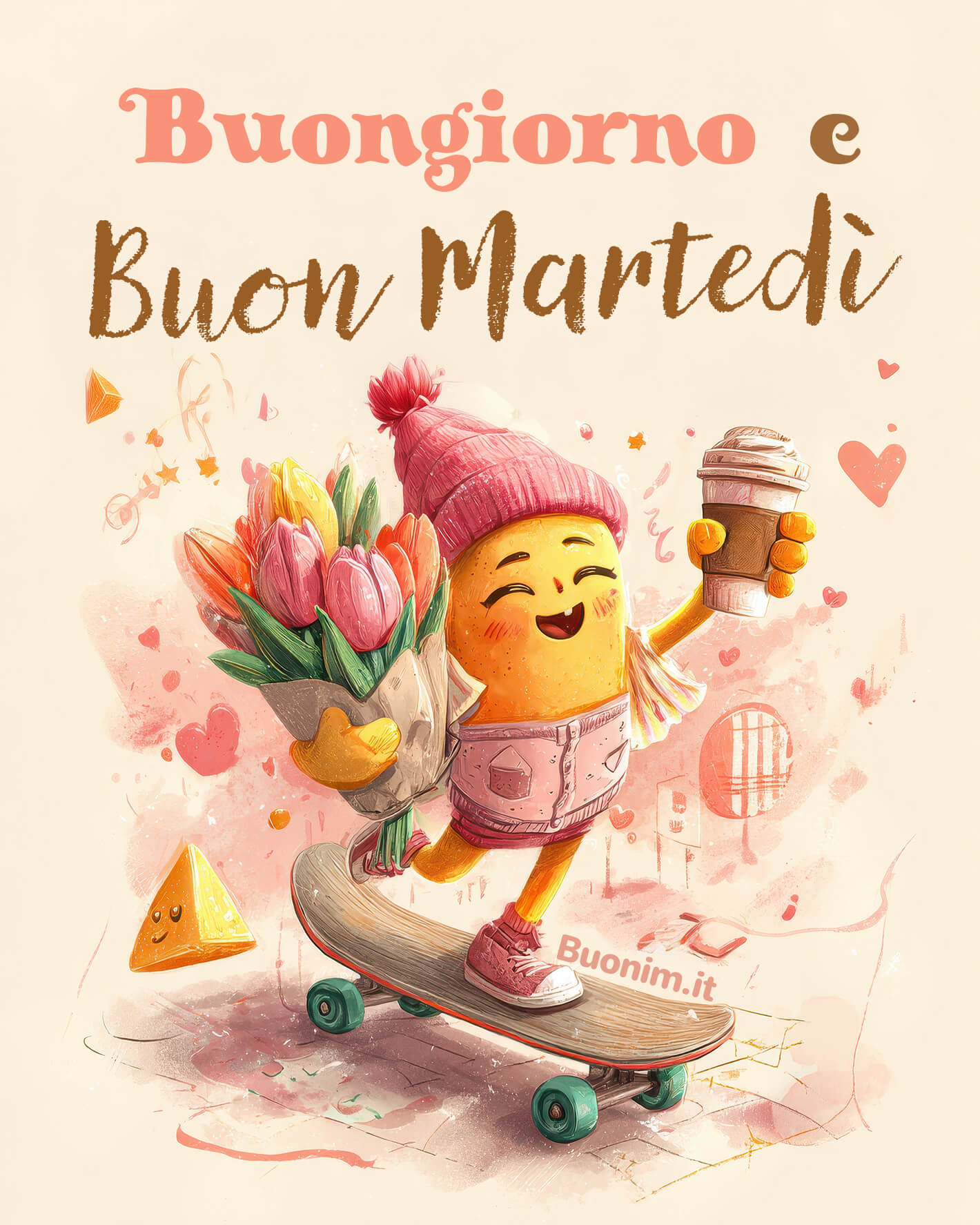 Che tenerezza, questo personaggino allegro con fiori e caffè porta un buongiorno di martedì che scalda. Se ti va, condividila per regalare sorrisi, coccole e un abbraccio.