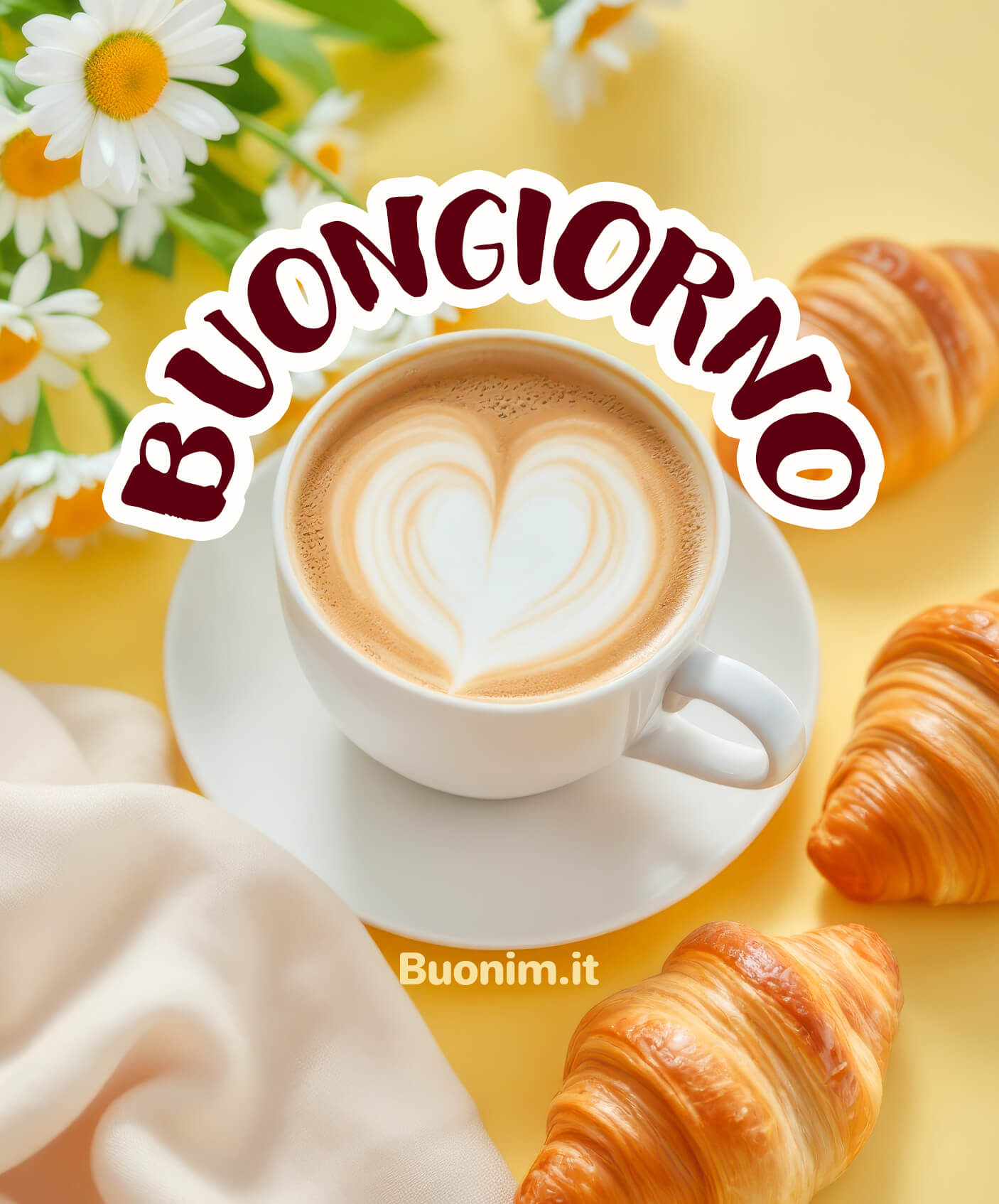 Tra margherite e cornetti, questo buongiorno profuma di casa. Ti auguro un mattino sereno e pieno di energia, perfetto da inviare con dolcezza a chi ami.