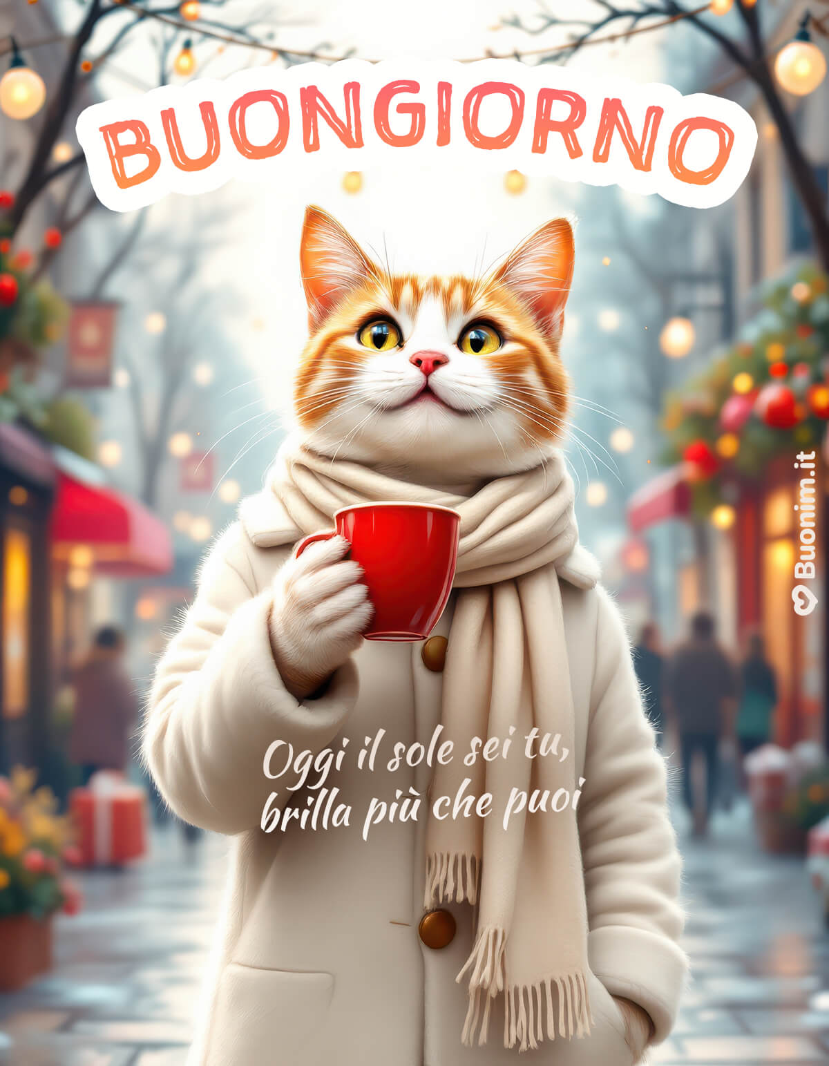 Che profumo di coccole invernali con questa tazza rossa. Ti mando un abbraccio caldo e un sorriso felino, così oggi brilli davvero e tutto ti riesca leggero.