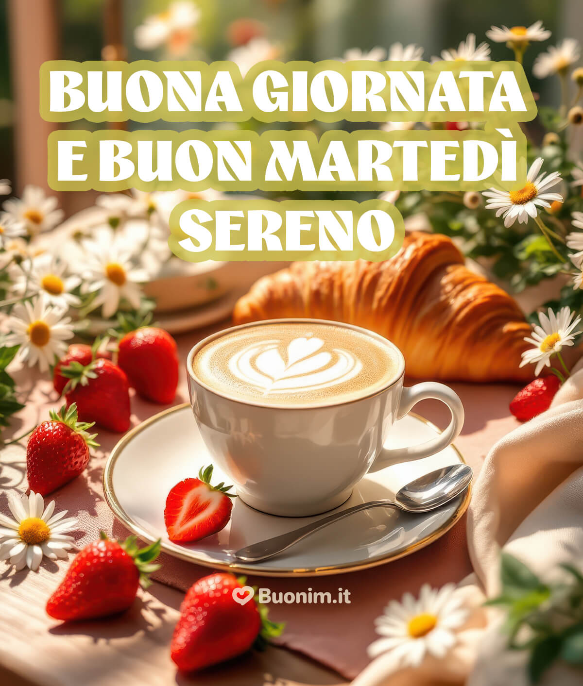 Buongiorno e buon Martedì sereno tra caffè e fragole Tra profumo di caffè e fragole, porta un buongiorno pieno di dolcezza. Puoi scegliere queste nuove cartoline gratis per WhatsApp e regalare un martedì sereno con bacini.