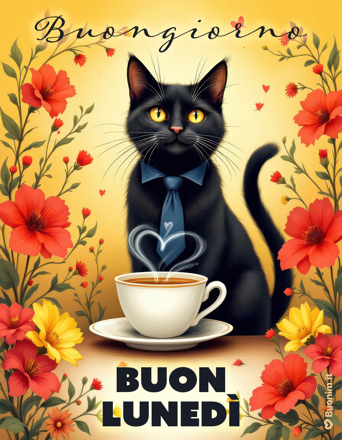 Tra profumo di caffè e colori vivi, ti mando auguri pieni di dolcezza. Perfetta per augurare un buon lunedì con il cuore e iniziare la settimana con luce.