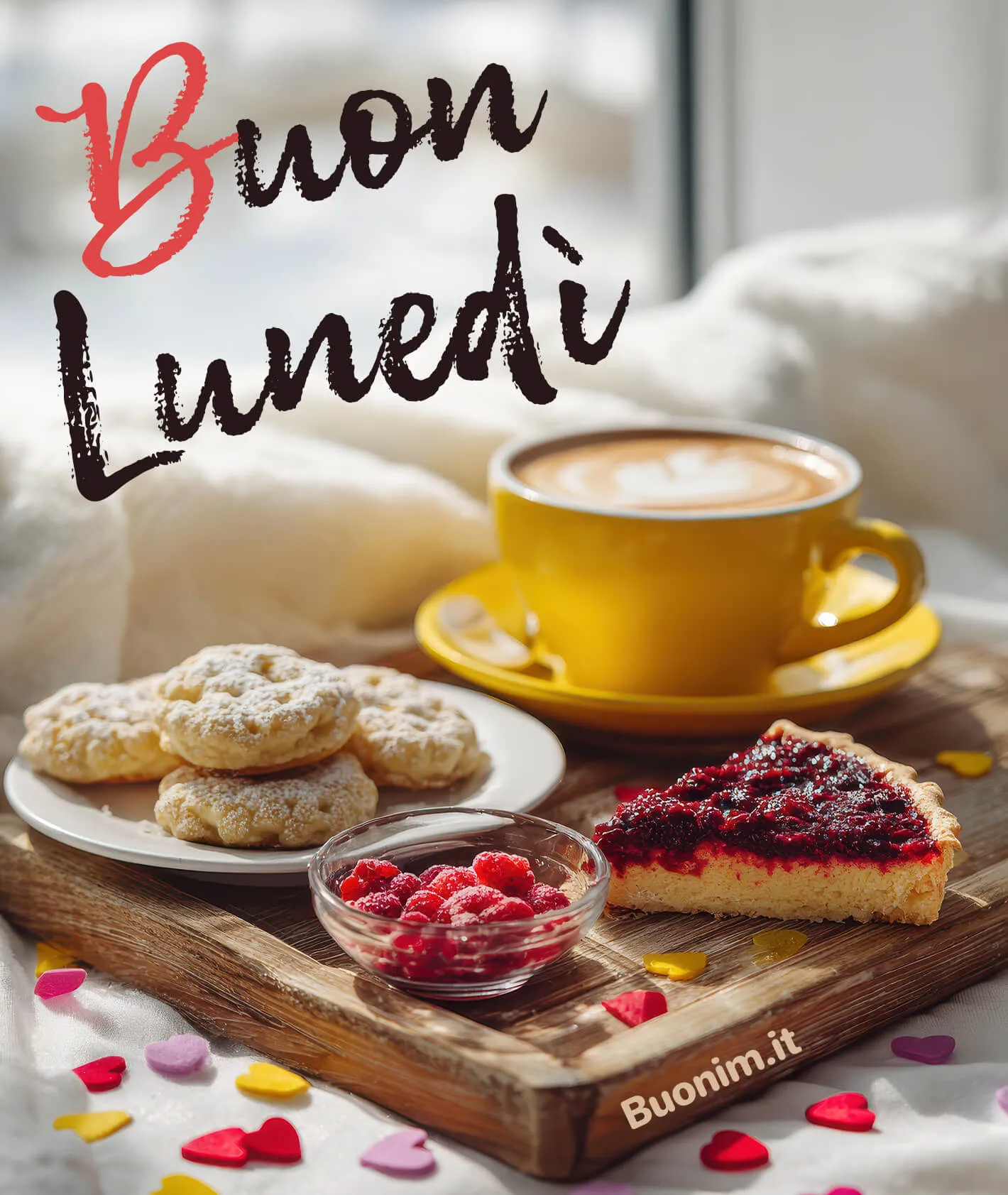 Buongiorno e buon lunedì dolce tra caffè e biscotti Profumo di dolci e caffè caldo per iniziare bene il lunedì. Ti auguro una giornata piena di energia e serenità, perfetta da inviare con affetto.