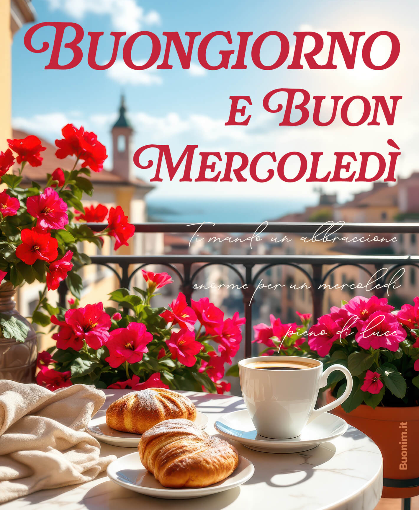 Buongiorno e buon mercoledì con caffè e fiori Profumo di caffè e balcone in fiore per dire buongiorno e buon mercoledì. Ti auguro una giornata serena, ed è perfetta da inviare con affetto.