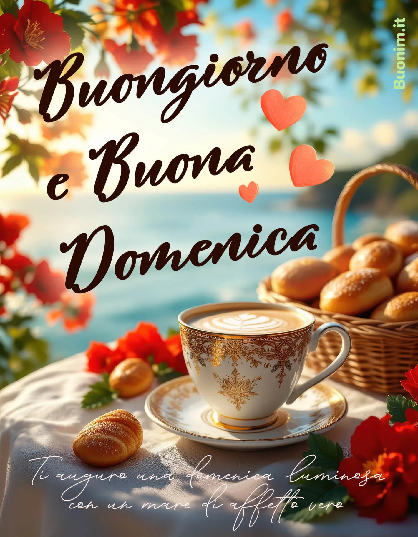 Luce di mare e colazione profumata per dire buongiorno e buona domenica. Un abbraccio pieno d’affetto, ideale da inviare a chi vuoi bene.