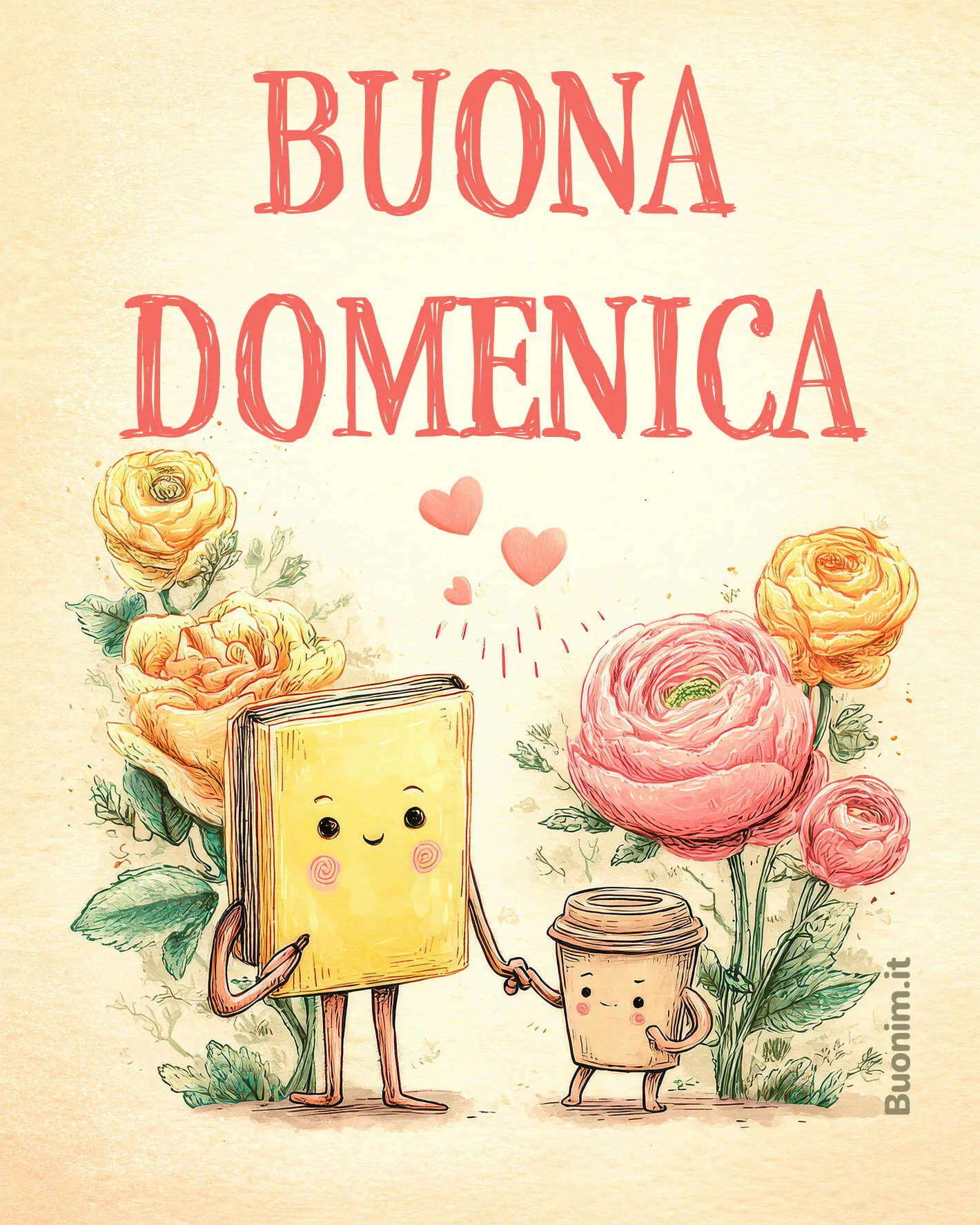 Tra coccole e fiori, questa Buona Domenica sa di calma. Un libricino e un caffè ti accompagnano nella giornata, perfetta da inviare con affetto.