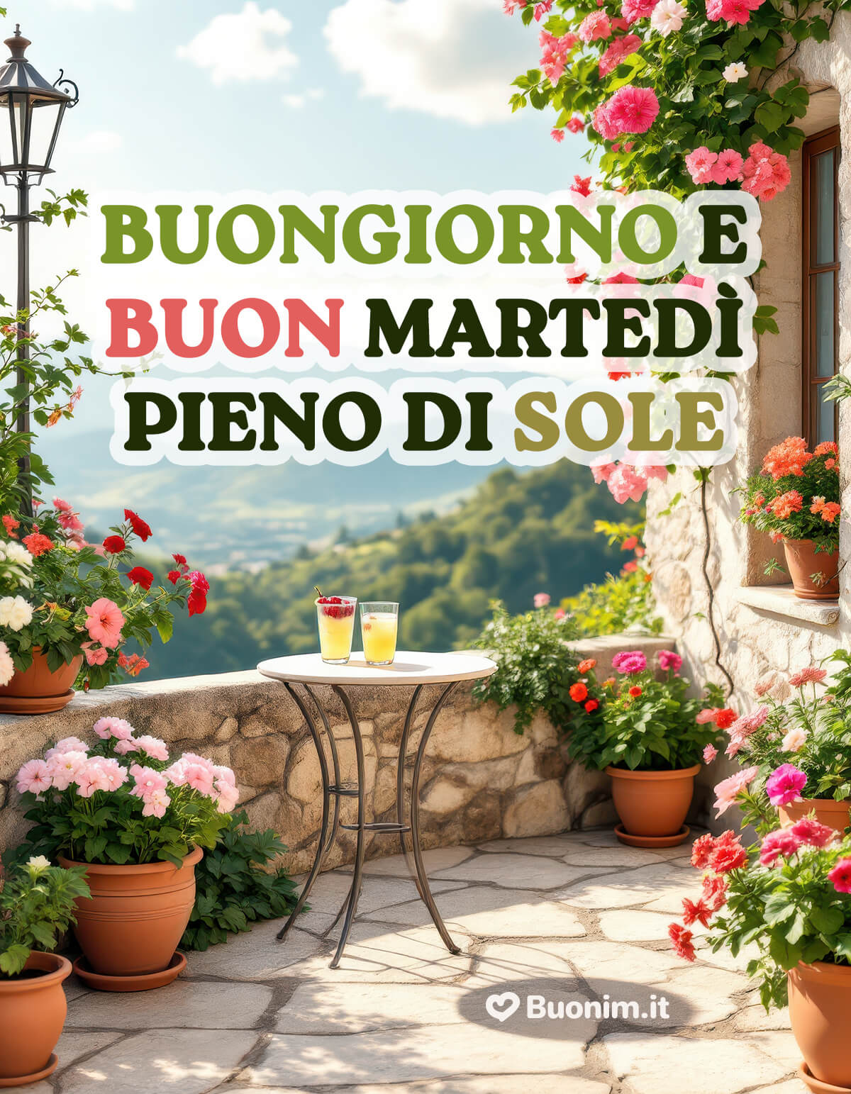 Buongiorno e felice martedì pieno di sole tra fiori Aria di terrazza e profumo di fiori, con le colline davanti agli occhi. Ti auguro un martedì pieno di sole e serenità, perfetto da condividere su WhatsApp.