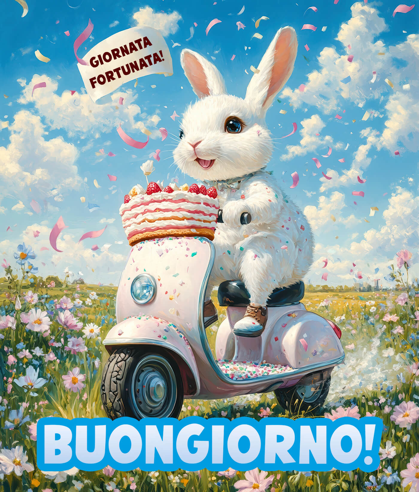 Buongiorno festoso con coniglietto e giornata fortunata Buongiorno festoso con coniglietto e giornata fortunataAria di festa e di fortuna, come un augurio che corre veloce verso di te. Ti mando un buongiorno pieno di energia e bacini, da girare a un amico speciale.