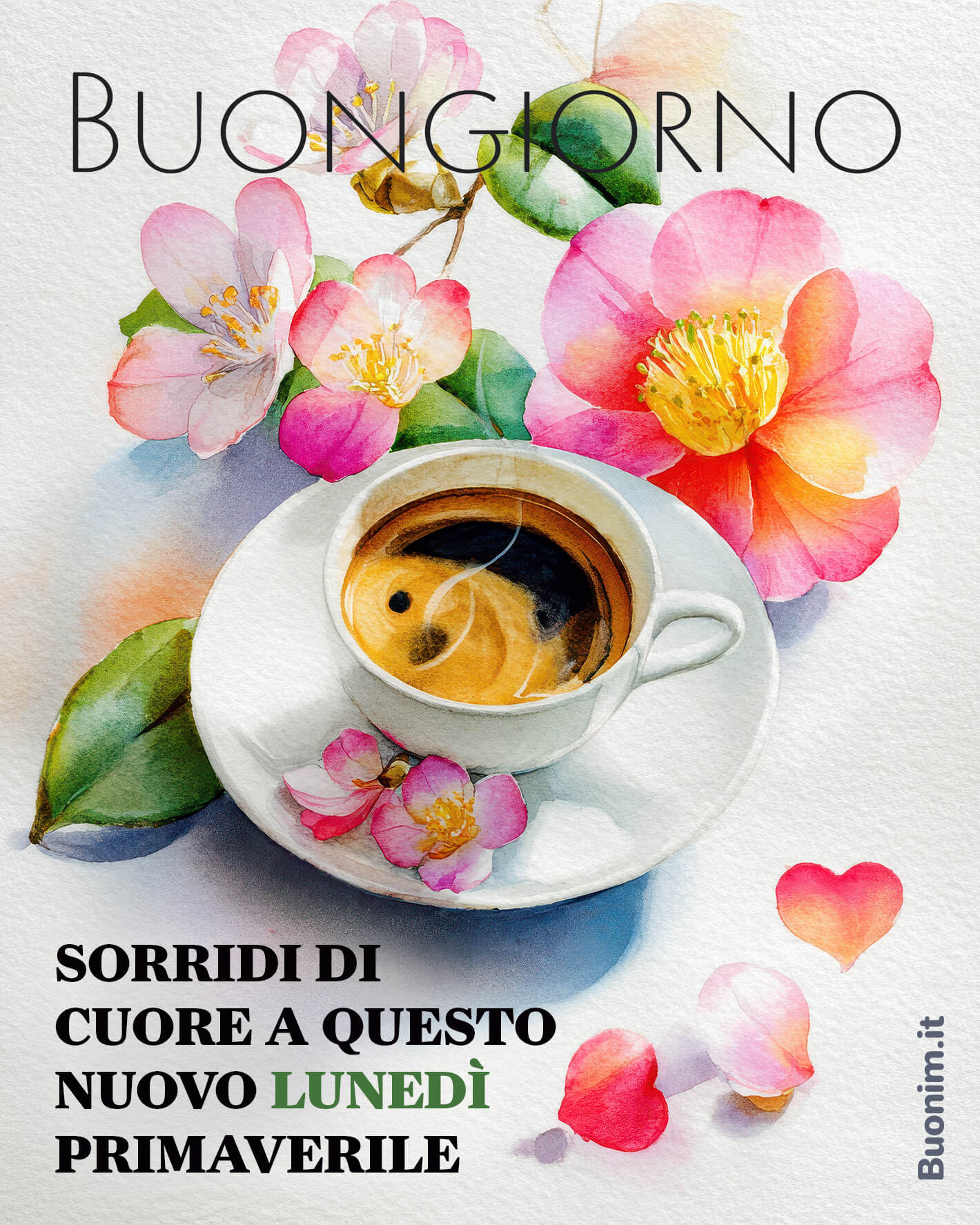 Buongiorno floreale con caffè e sorriso dal cuore Profumo di fiori e un caffè caldo fanno partire bene questo lunedì di primavera. Ti auguro serenità, dolce energia e un pensiero d’amore da condividere con chi vuoi bene.