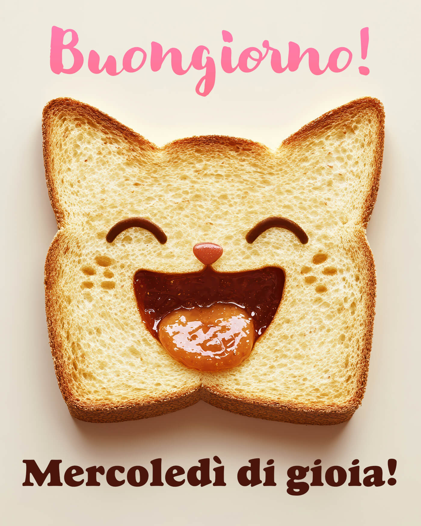 Buongiorno gioioso con toast dolce e sorriso Basta un morso di dolcezza e già si sorride. Ti auguro un mercoledì pieno di gioia, leggero e ricco di cose buone, da mandare a chi vuoi bene.