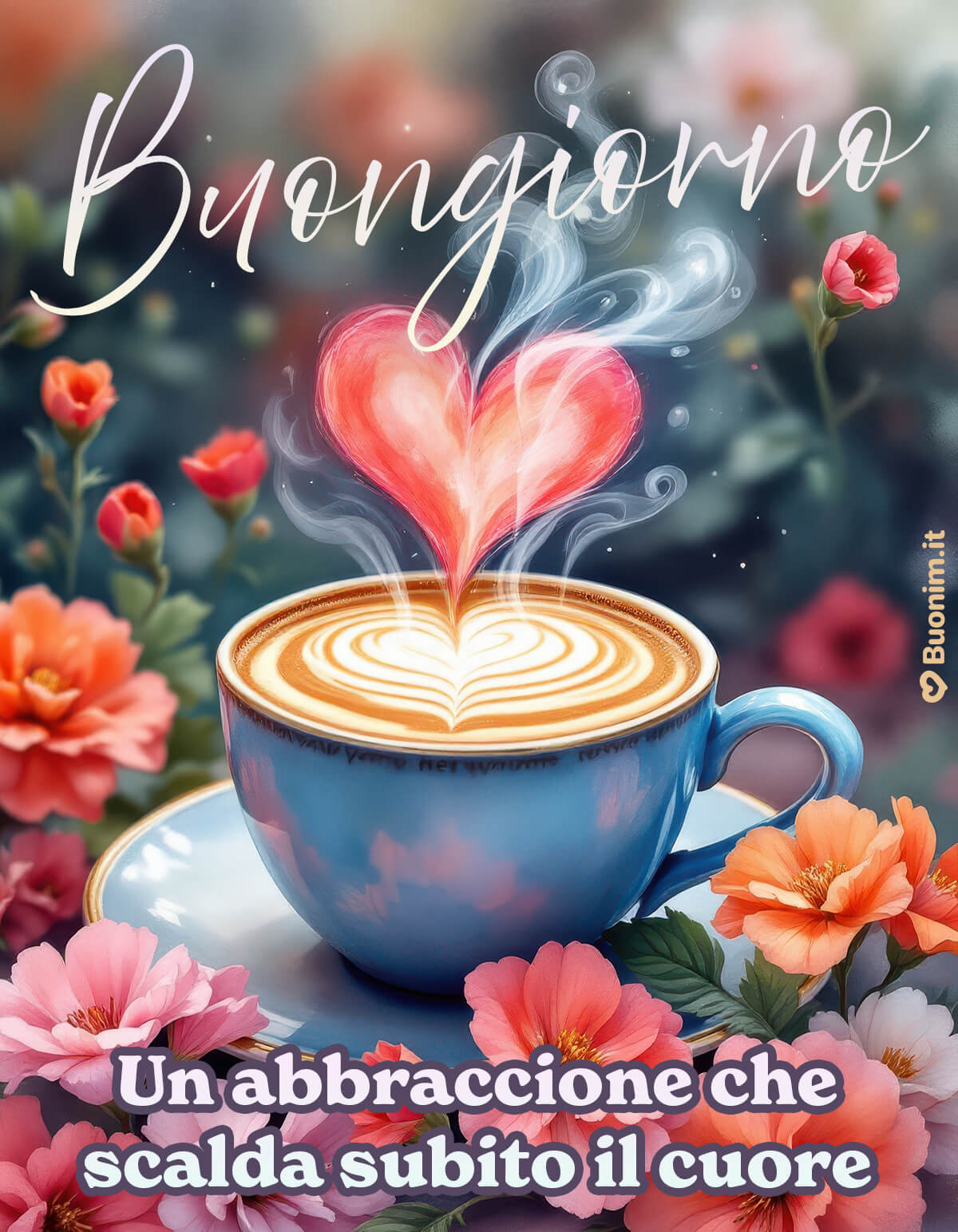 Buongiorno inedito che scalda subito il cuore Basta un pensiero gentile al mattino e l’abbraccione arriva forte. Questa immagine rara di buongiorno, tra profumo di cappuccino e fiori, regala serenità e affetto in un attimo.