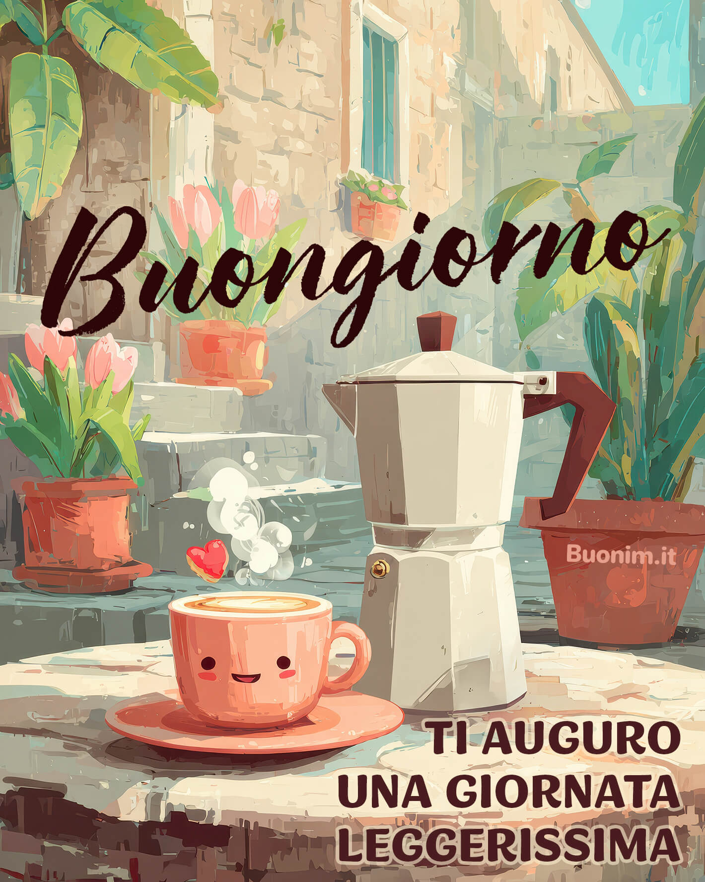 Tra piante e luce di cortile, il caffè fa compagnia. Ti auguro una giornata serena e leggera, perfetta da condividere come immagine di buongiorno.