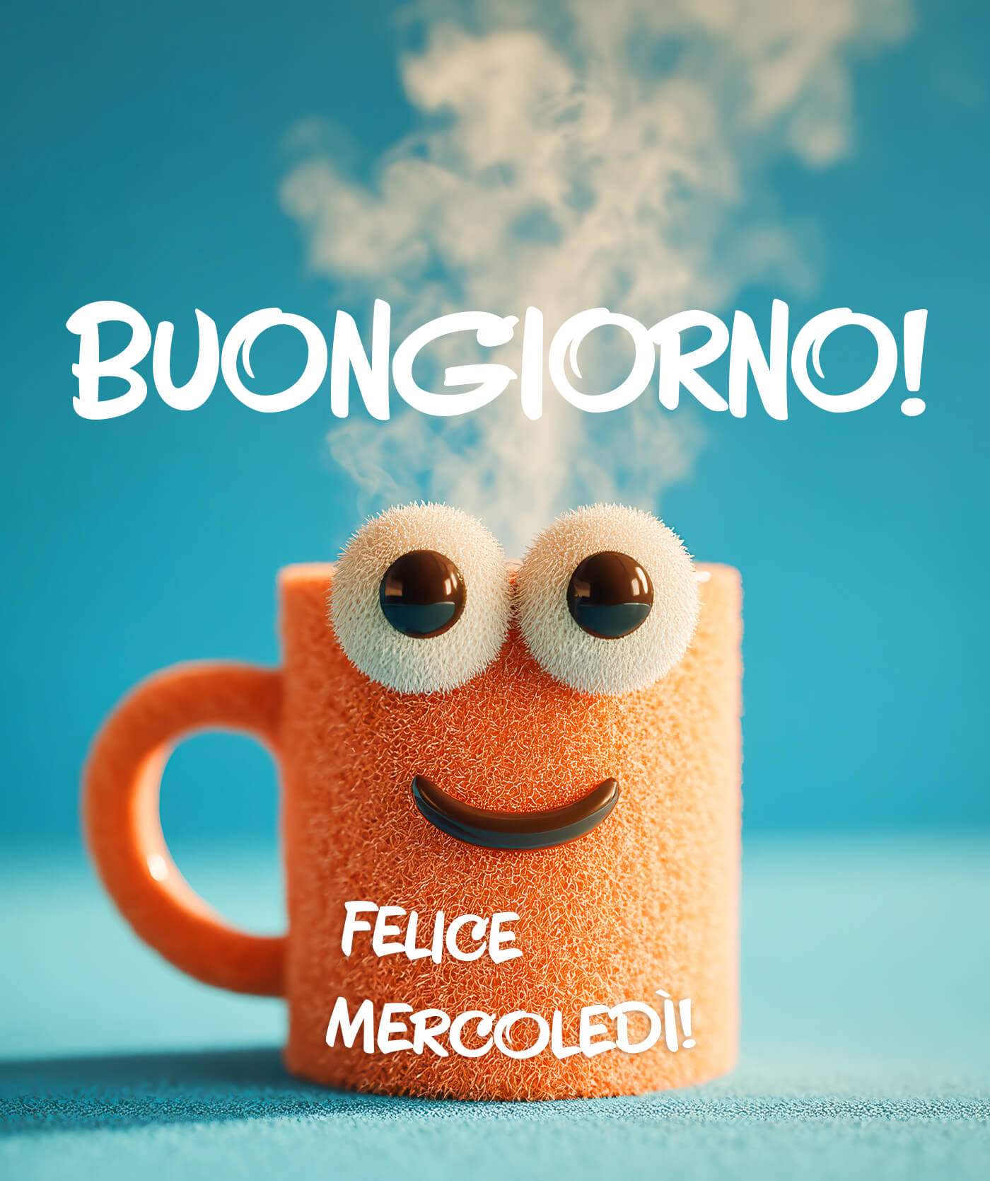 Buongiorno simpatico e felice mercoledì con tazza sorridente Che bello iniziare con una tazza fumante e allegra. Ti auguro un mercoledì felice, con energia gentile e pensieri leggeri da condividere con chi ti vuole bene.