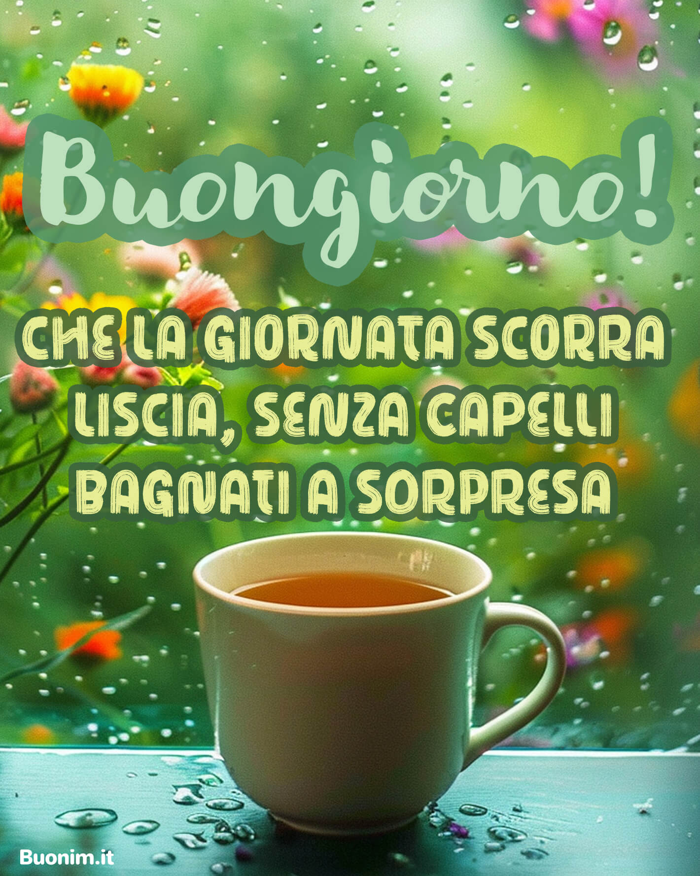 Oggi la pioggia fa compagnia, ma tu resta leggero come un sorriso. Con una tazza calda vicino ti mando coccole e ti auguro una giornata liscia e piena di buonumore.