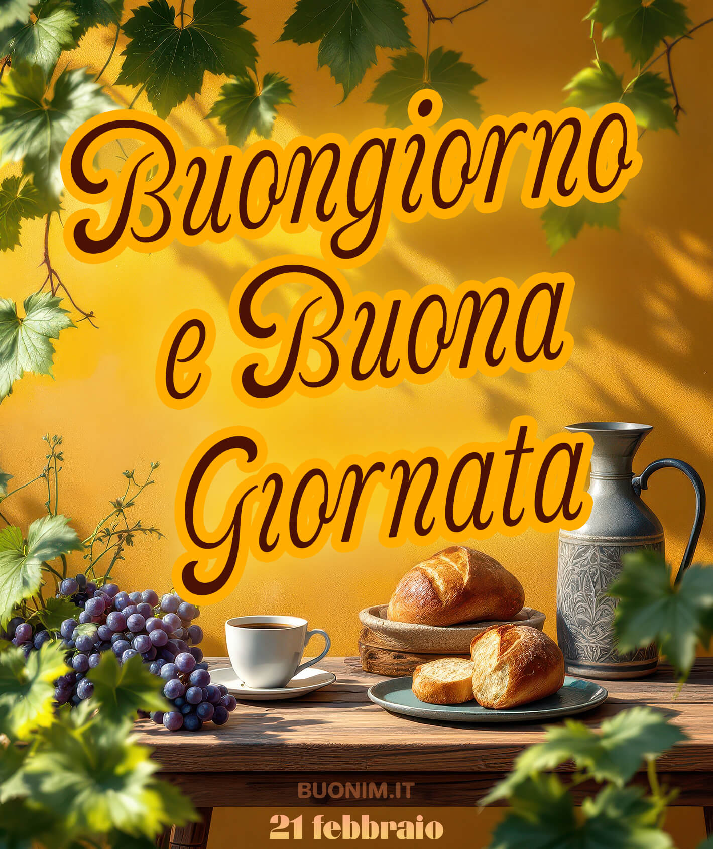 Buongiorno tra grappoli d'uva e pane fragrante Tra grappoli d'uva, pane fresco e una tazzina di caffè, la mattina ha un sapore speciale. Che questo 21 febbraio ti porti tranquillità, sorrisi sinceri e tanto affetto.