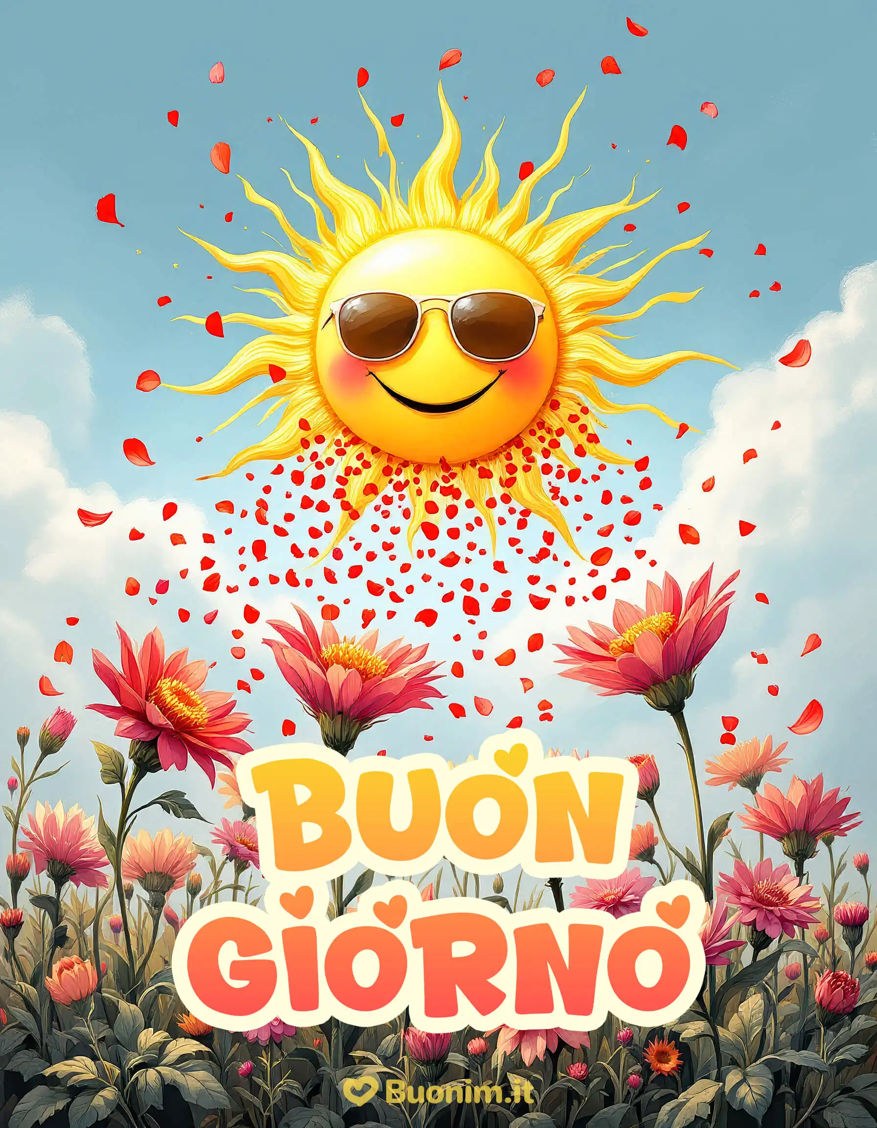 Buongiorno in un prato fiorito con luce e serenità Buongiorno tra prati fioriti e profumi che parlano di pace