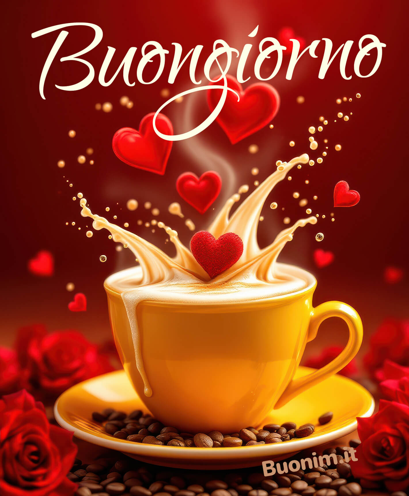 Basta un sorso di caffè e tanti cuori accendono l’umore. Che sia un buongiorno pieno d’amore e carica, ideale per mandare bacini e affetto.