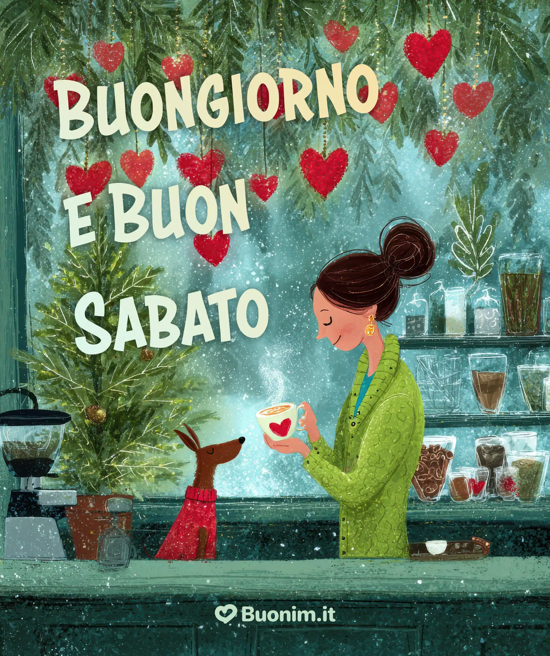 Scena di bar raccolto mentre fuori scende la neve: lei porge la tazza al suo cagnolino con uno sguardo pieno d’affetto. Ideale per chi cerca cartoline di buongiorno del sabato invernale simpatiche e calde, per augurare un buon sabato e un buon riposo a chi affronta il freddo con il sorriso.