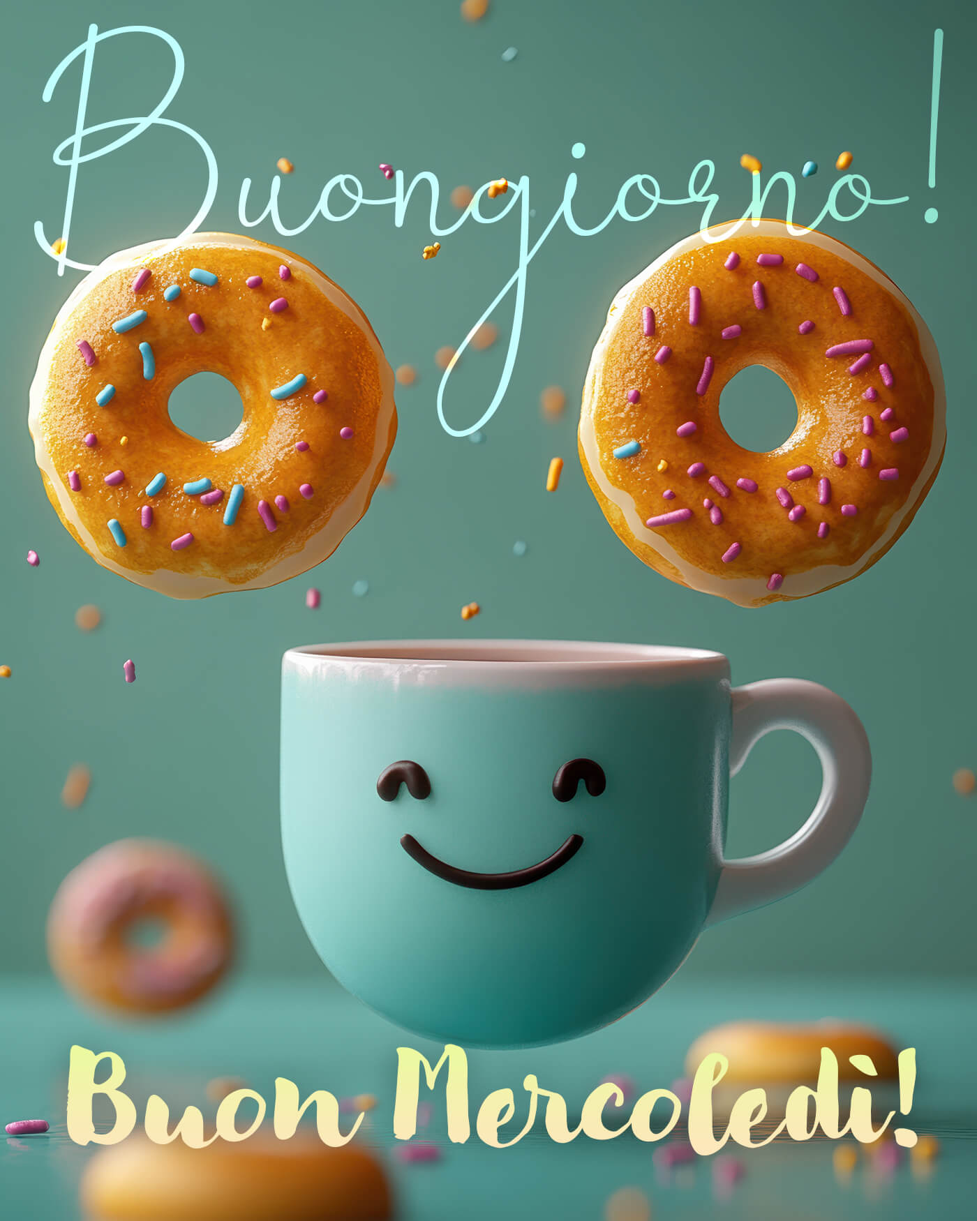 Caffè e ciambelle per un buon mercoledì Sprinkles sopra e buonumore a volontà, proprio come piace a noi. Buongiorno e buon mercoledì, che oggi ti regali una sorpresa dolce e tanta serenità.