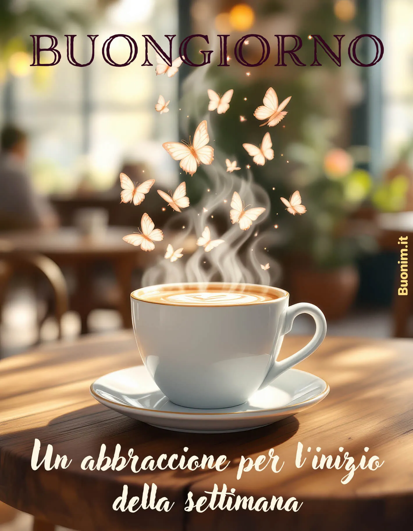 Caffè e farfalle per un Buon Lunedì Tra vapori e farfalle, arriva un saluto speciale per l’inizio della settimana. Ti mando un abbraccione e un po’ di dolcezza, ideale da condividere con chi vuoi bene.