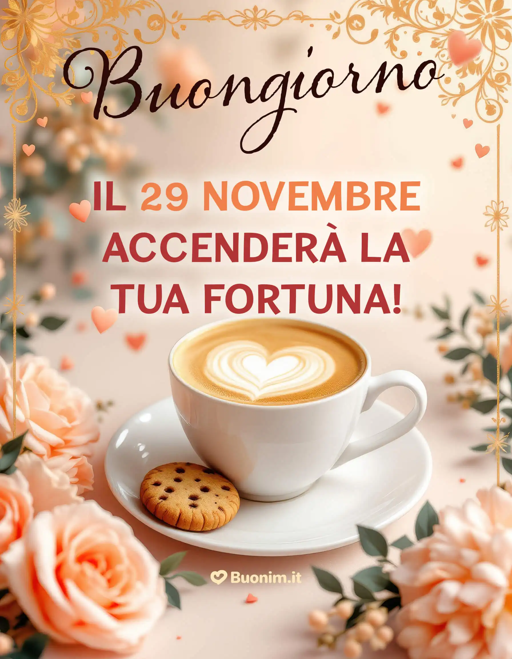 Tra petali e biscottino, il latte a cuore accende la tua fortuna. Buona giornata del 29 novembre — vai avanti con fiducia e dolcezza. Manda questa cartolina dal cuore su WhatsApp e regala un abbraccio di luce.