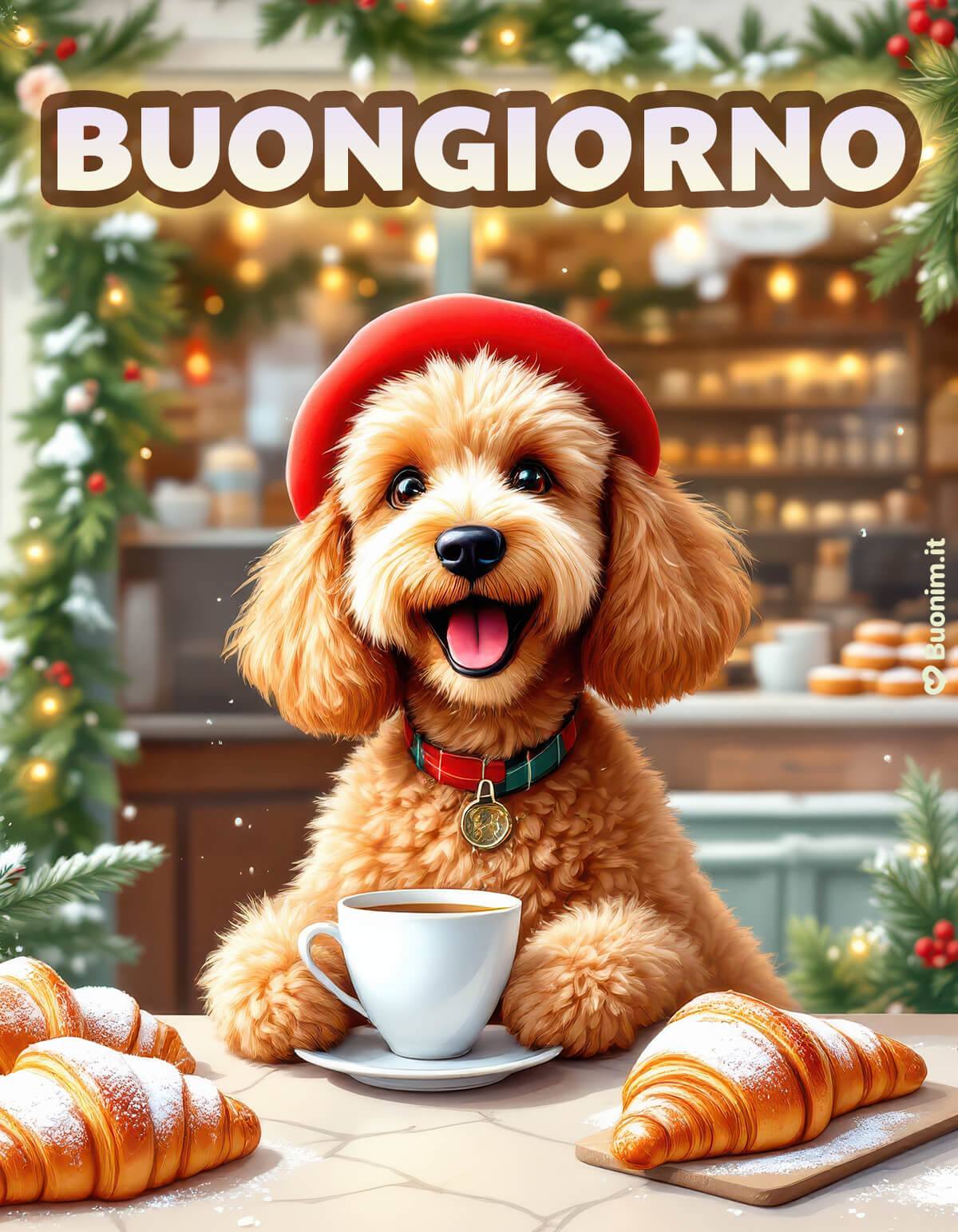 Cagnolino del bar per un buon 10 gennaio Il profumo di caffè e di cornetti caldi ti accoglie insieme a questo cagnolino felice, che ti augura un 10 gennaio leggero, pieno di buonumore, coccole e dolce serenità.