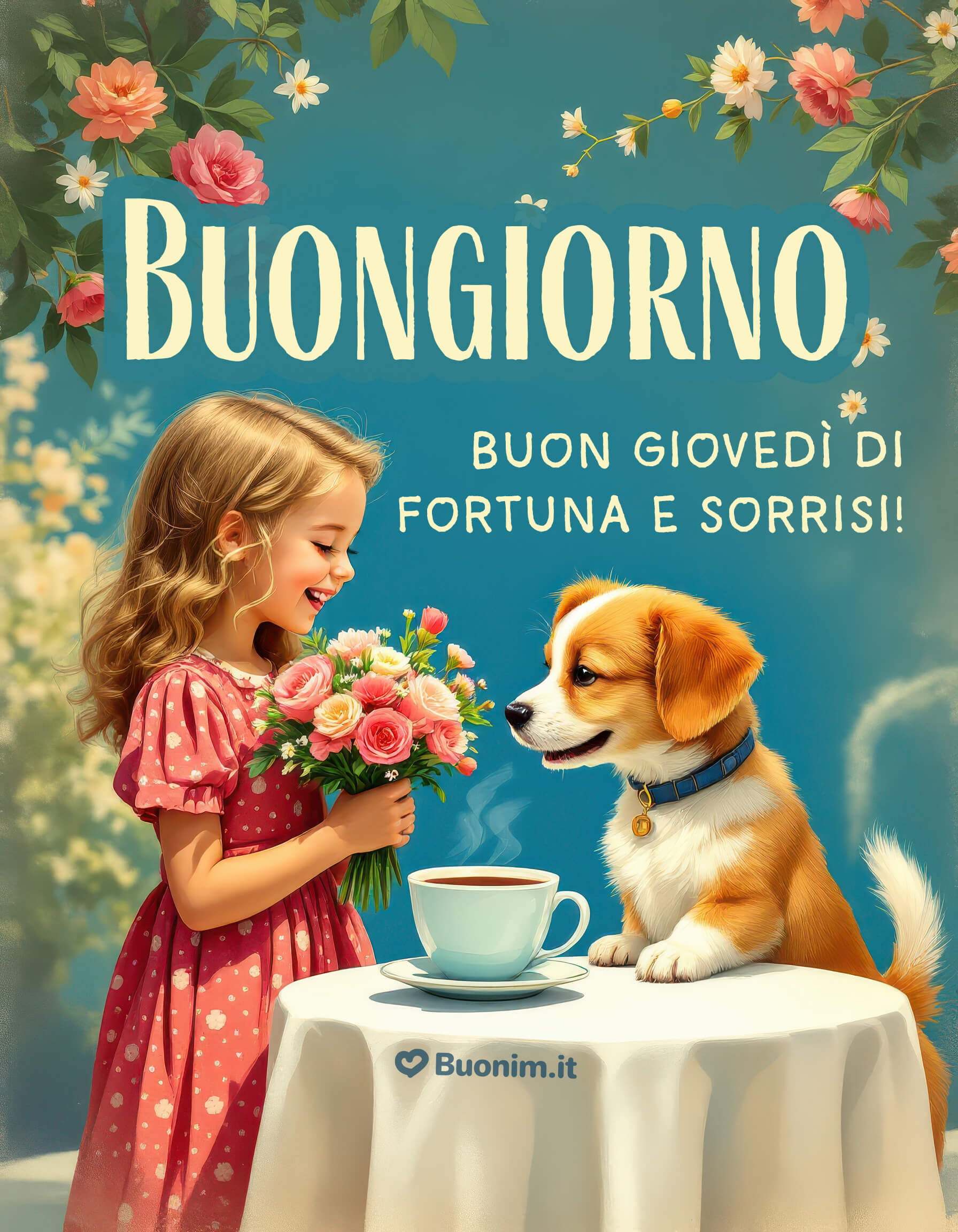 Cagnolino e bimba augurano un giovedì di sorrisi Tra un mazzolino profumato e una tazzina calda nasce la tenerezza. Ti mando un abbraccione e un buongiorno pieno d’amore, che oggi vada tutto a meraviglia e porti pace e dolcezza.
