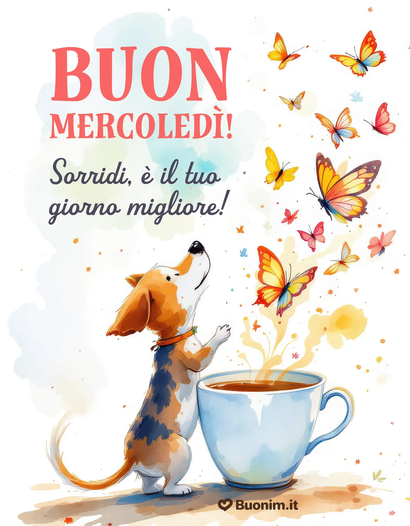 Sorriso pronto e cuore leggero, il dolce cucciolo fa volare i pensieri belli dalla tazza. Ti auguro una giornata di coccole, colori, pace nell’anima e un abbraccione da condividere con chi hai nel cuore.