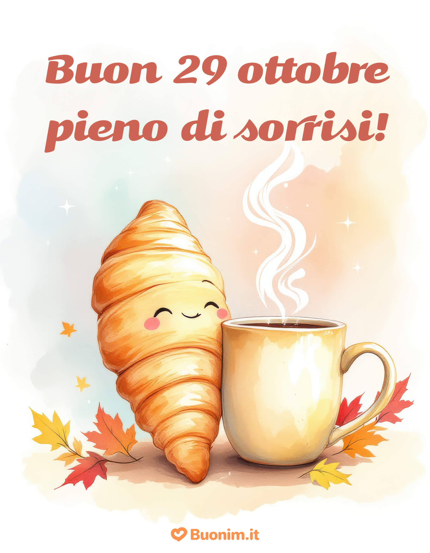 Buon 29 ottobre abbraccio di croissant e caffè Calore morbido e sorrisi mattinieri per partire col piede giusto manda la cartolina e regala un abbraccione virtuale