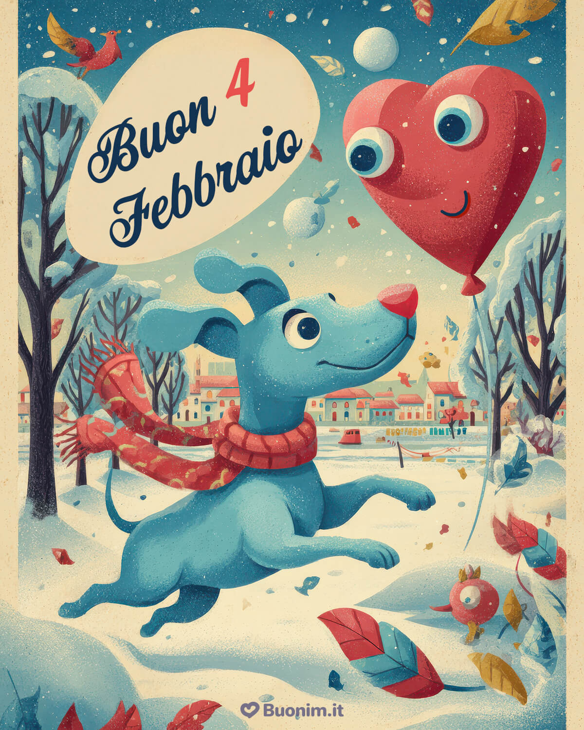 Corri dietro ai pensieri belli come quel palloncino a cuore. Oggi è il 4 febbraio, che ogni fiocco porti fortuna e ti regali un bacio, leggerezza e un grande abbraccio.