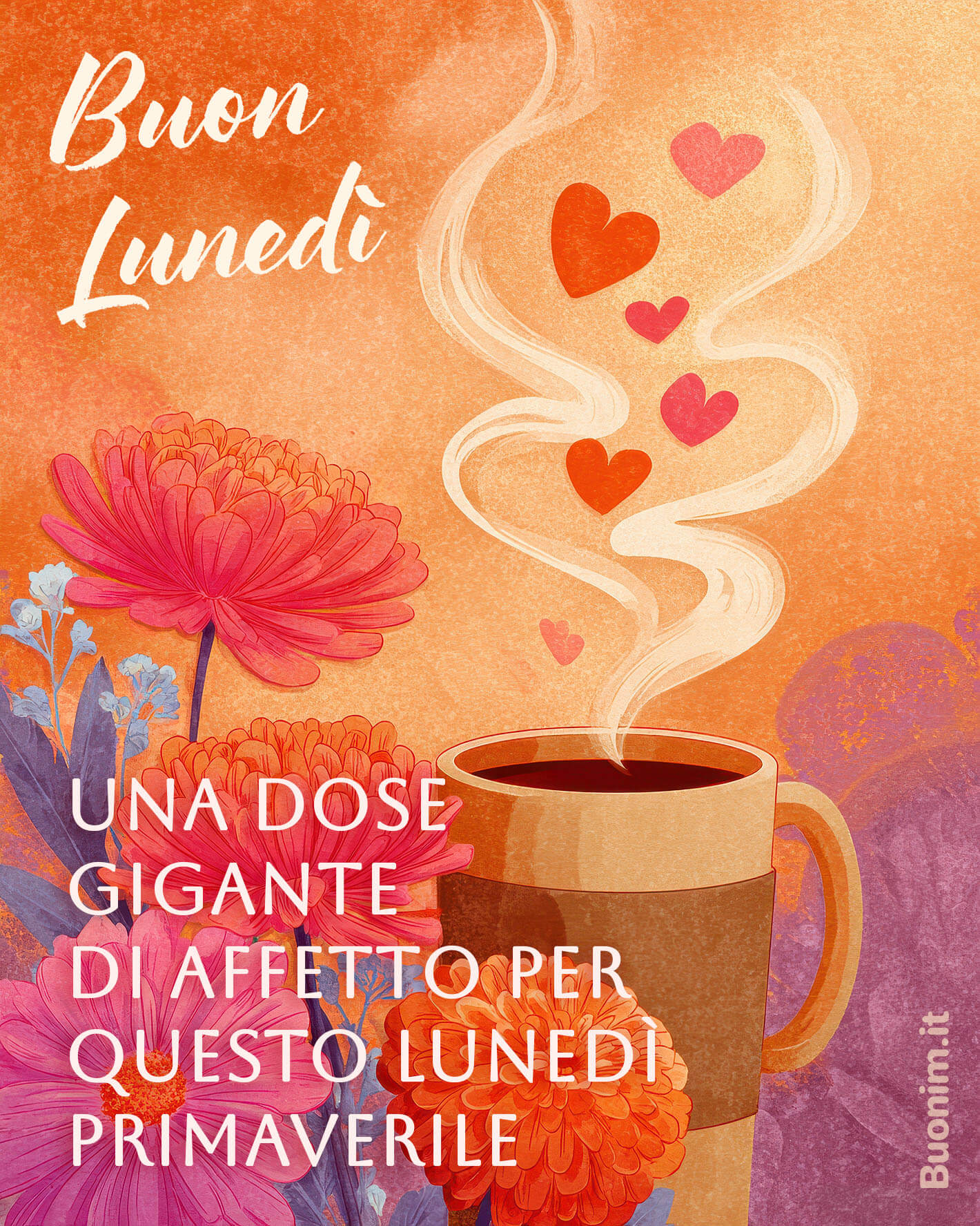 Carezze di lunedì con caffè e cuori Calore e affetto salgono come il profumo del caffè. Ti auguro un lunedì primaverile pieno di energia buona e pensieri dolci, perfetto da condividere con chi vuoi bene.