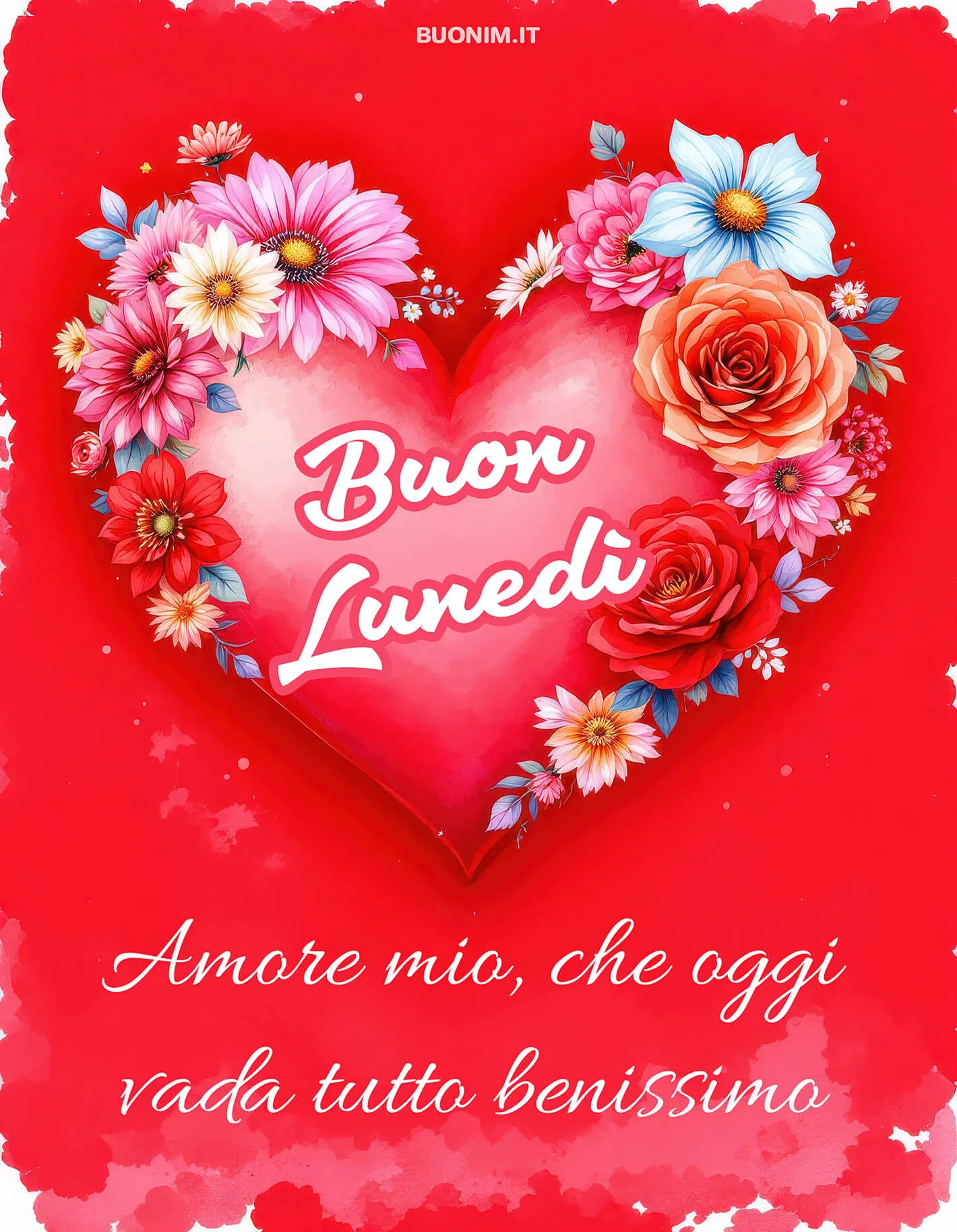 Fiori vivaci formano un cuore capace di dire ti amo senza bisogno d’altro. Con questa cartolina romantica auguro al mio amore buon lunedì, ricco d’affetto, serenità, abbracci e luce.
