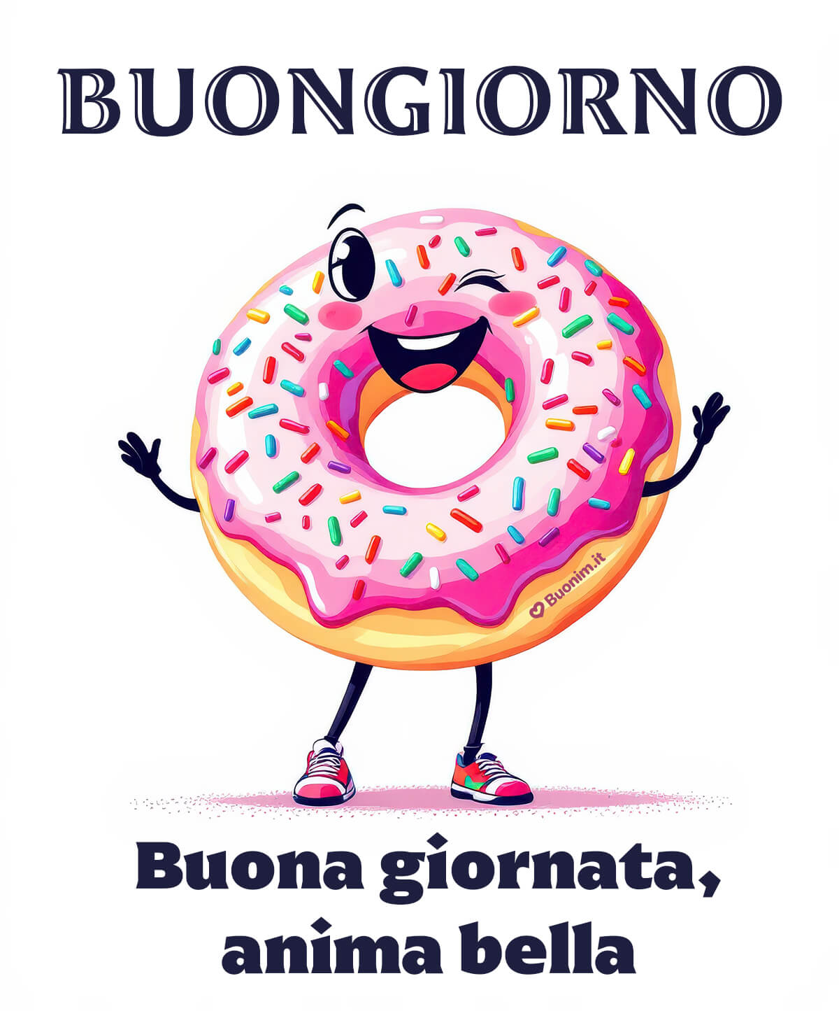Cartolina di buongiorno unica con donut e anima bella Con la sua allegria, questa cartolina esclusiva porta energia e un abbraccione. Perfetta come immagine di buongiorno originale, da mandare a un’anima bella per iniziare con bacini.