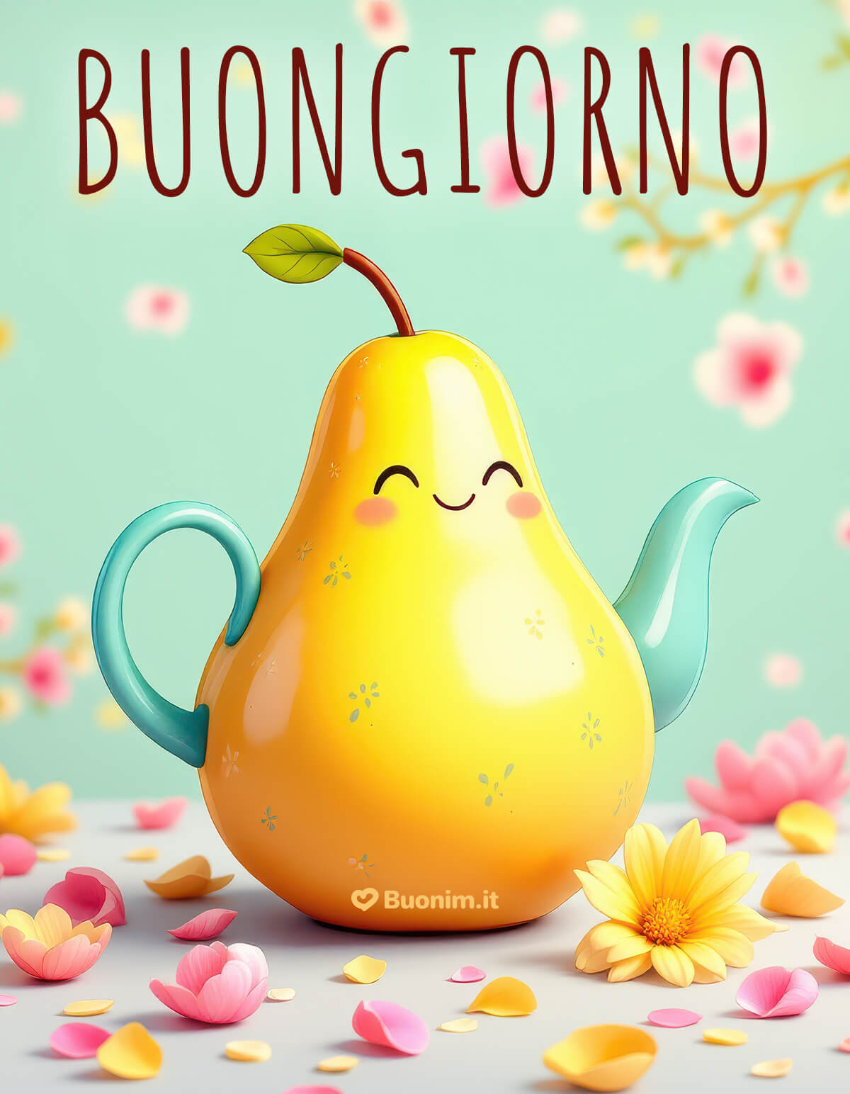 Cartolina di buongiorno unica con teiera a pera sorridente Che sia un giorno leggero come questi petali, ti auguro pace e sorrisi. Ideale da inviare come immagine di buongiorno speciale e originale a chi merita coccole.