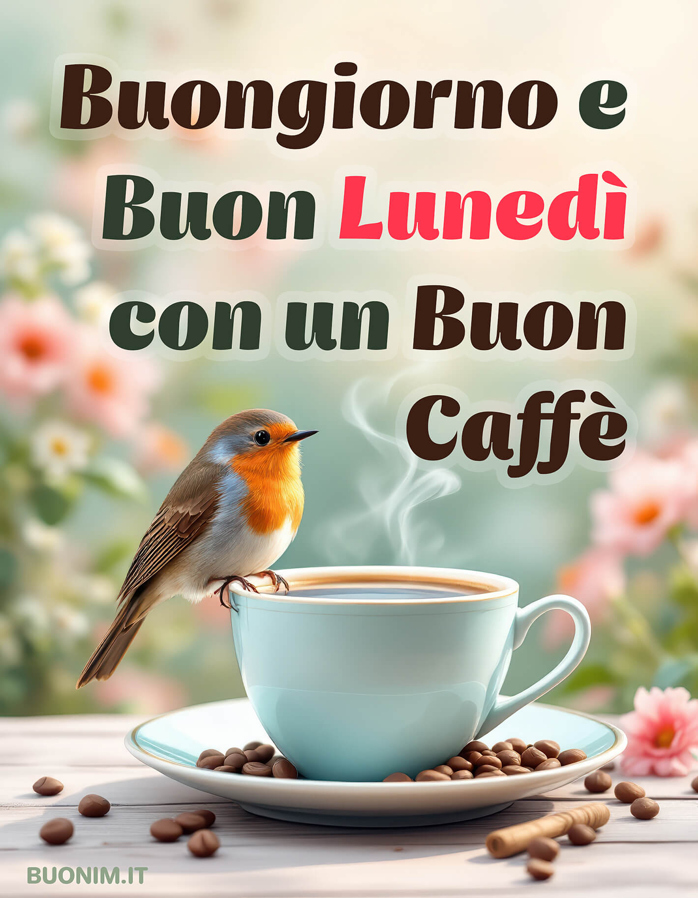 Cartoline di Buon Lunedì con un Pettirosso e il Caffè Accanto al caffè, il pettirosso porta una carezza gentile e ti augura buon lunedì con serenità. Un pensiero così può donare affetto, luce, gioia agli amici che ami durante la mattina.