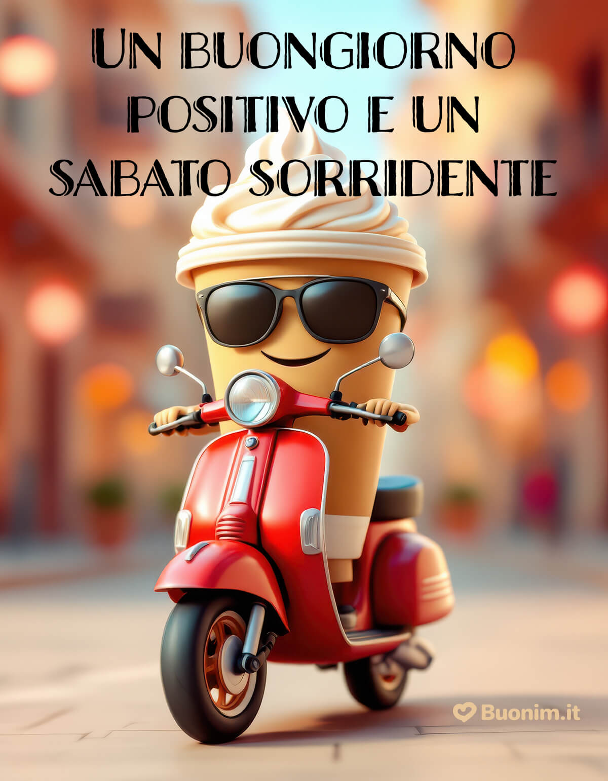 Cartoline di buongiorno del sabato eleganti per WhatsApp Con un sorriso in modalità weekend, questo caffè in scooter porta energia e allegria. Ideale come cartolina di buongiorno del sabato da inviare su WhatsApp con frasi leggere.