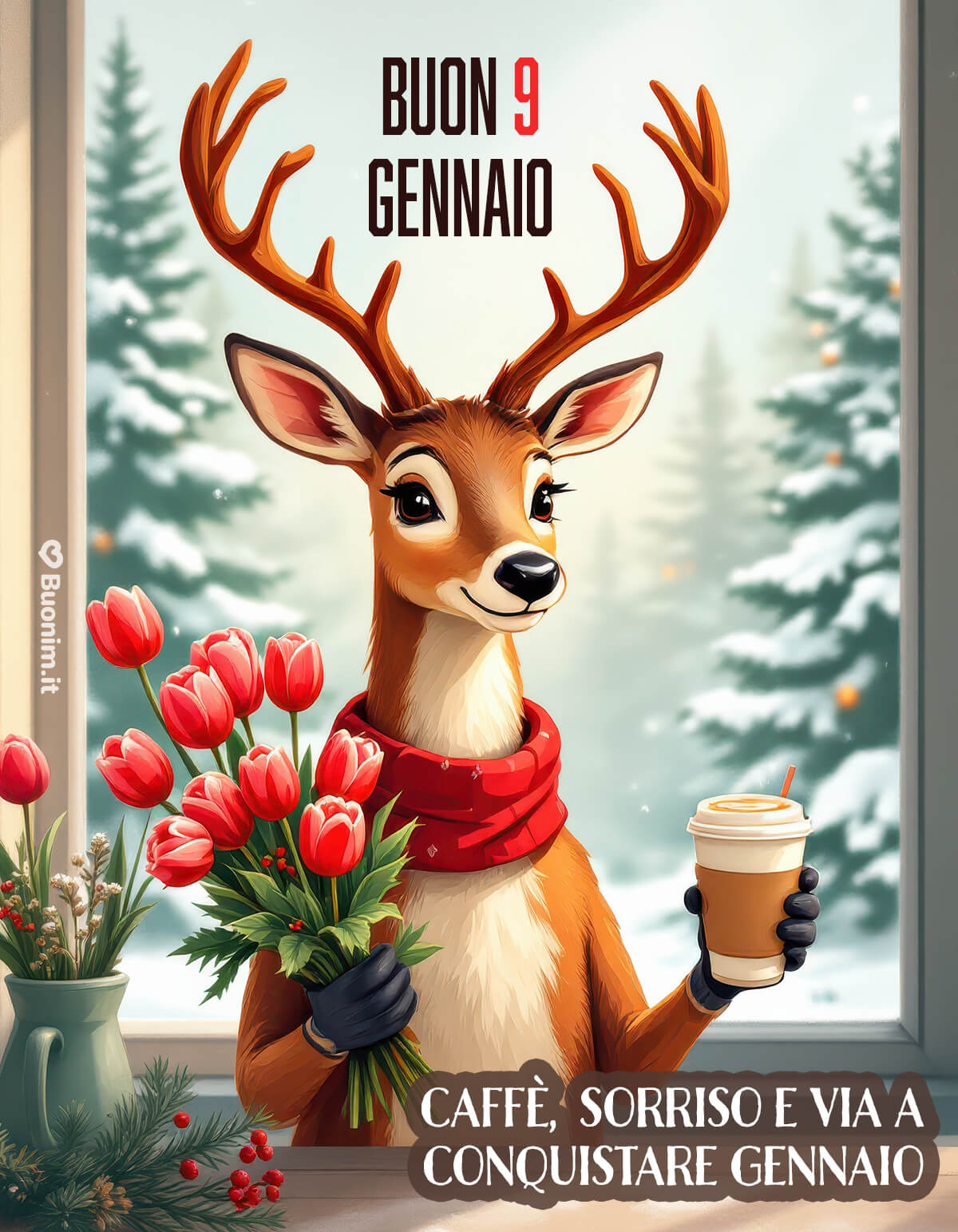 Davanti alla finestra innevata, il cervo elegante stringe tulipani rossi e una tazza di caffè fumante e ti invita a vivere questo 9 gennaio con coraggio, buonumore e tanta speranza.