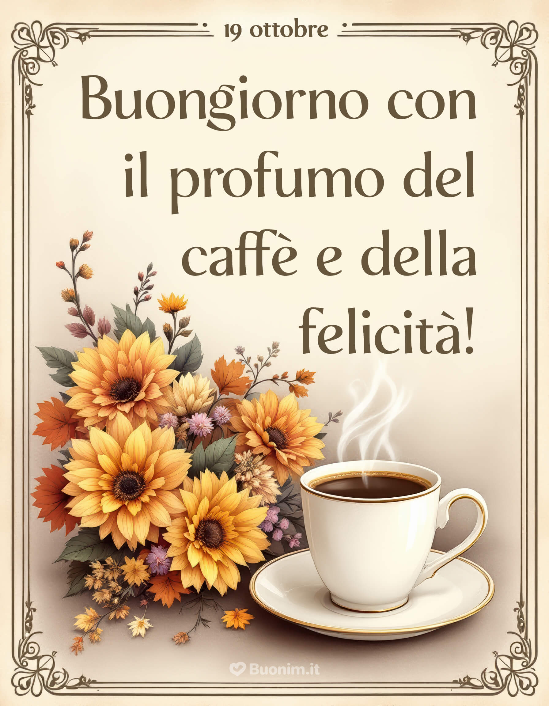 Buongiorno con il profumo del caffè e della felicità Che il 19 ottobre ti accolga con il calore di un sorriso e l’aroma del caffè appena fatto. Vivi questa mattina con il cuore leggero e tanta serenità da condividere.