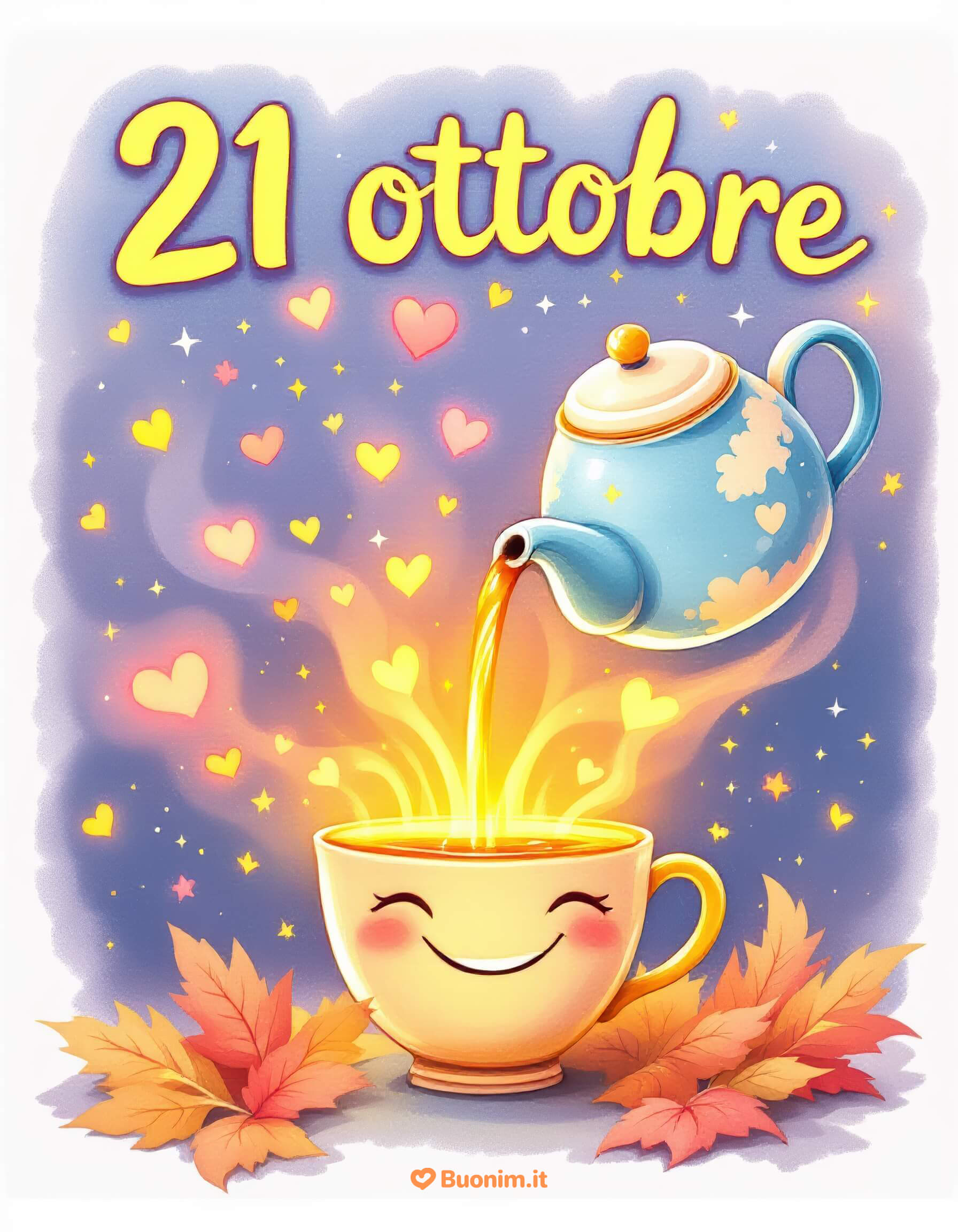 Buongiorno luminoso del 21 ottobre Che la tua giornata inizi con calore, dolcezza e tanti piccoli sorrisi. Lascia che l’autunno versi nella tua tazza un po’ di magia e tanto buonumore.