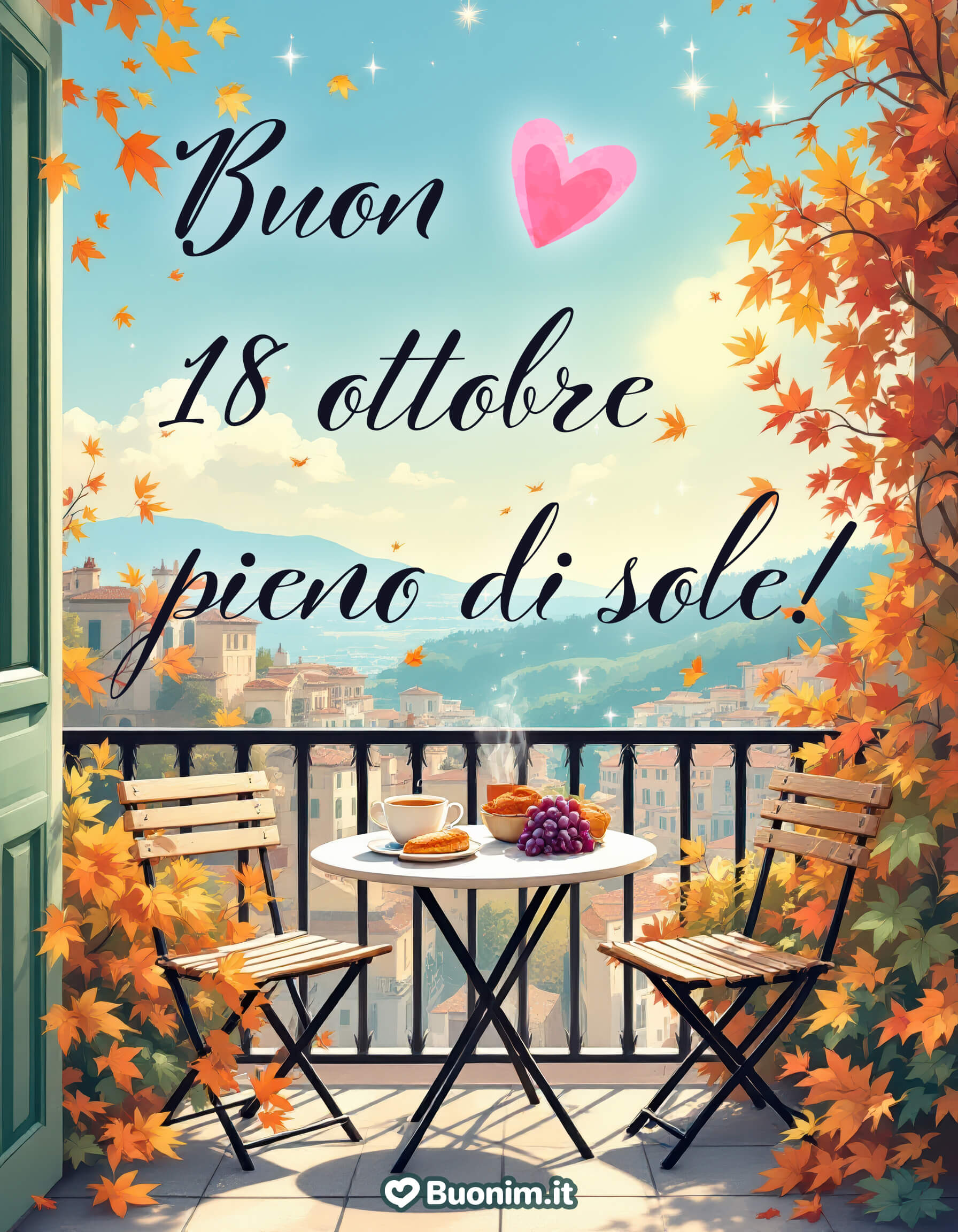 Buon 18 ottobre pieno di sole e sorrisi Che questa mattina ti porti la luce dorata dell’autunno e un profumo di serenità. Goditi il calore del sole e lascia che la felicità illumini la tua giornata.
