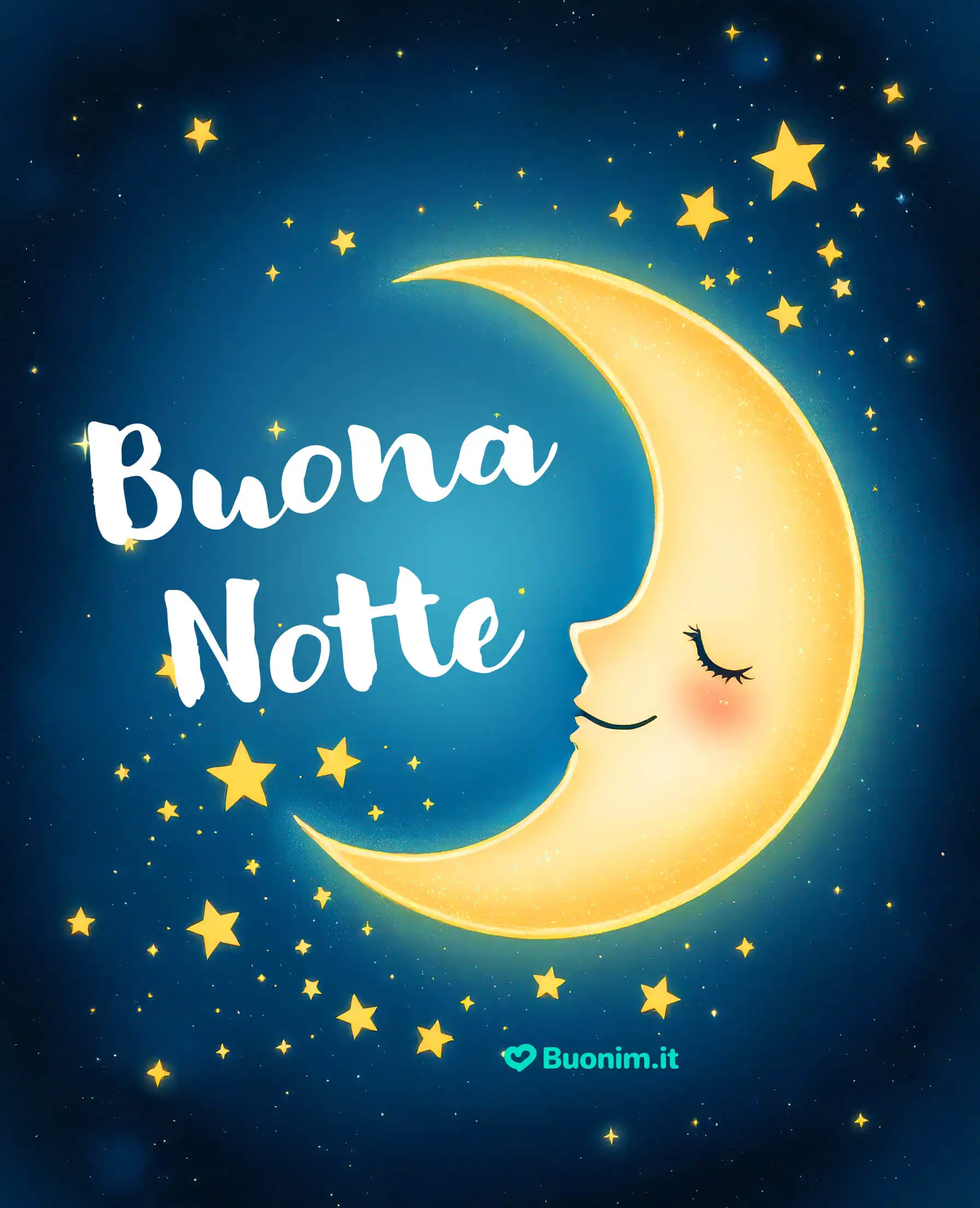 Luna sorridente e cielo blu pieno di stelle Chiudi gli occhi e fai spazio alla dolcezza. Buonanotte e riposo leggero.