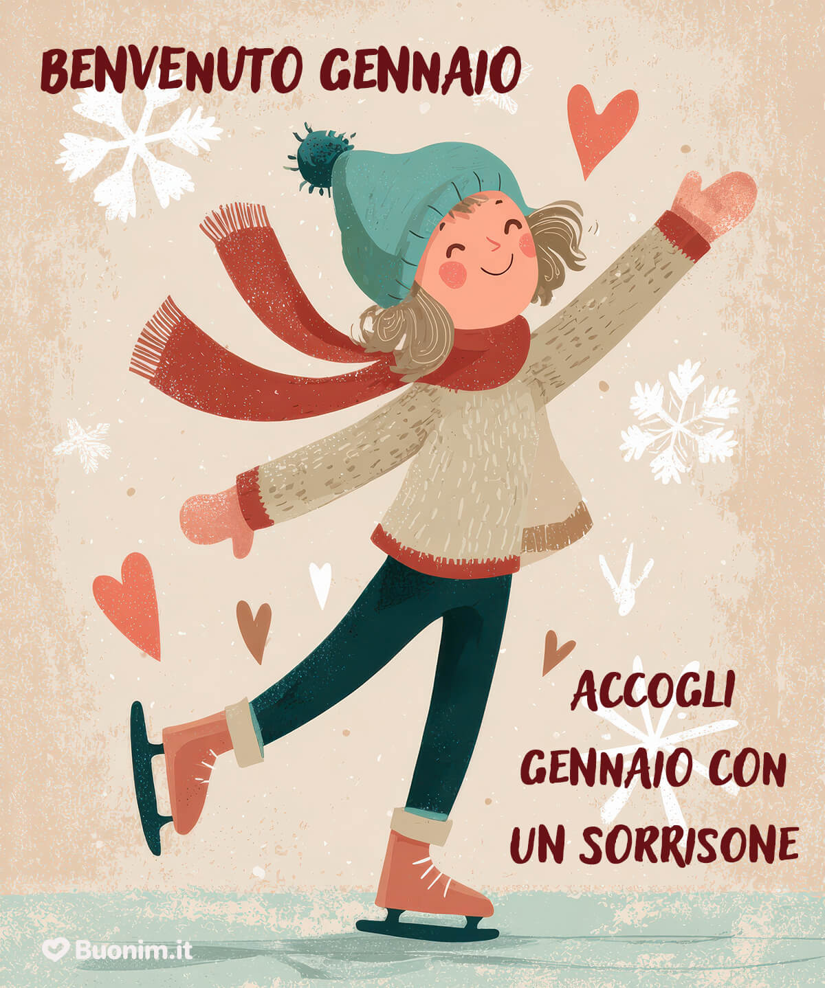 Ciao gennaio e cuore leggero sul ghiaccio Con un sorriso e i fiocchi nell’aria, arriva un ciao gennaio pieno di energia. Ideale da inviare a un’amica per ricordarle che ogni passo sul ghiaccio porta fortuna.